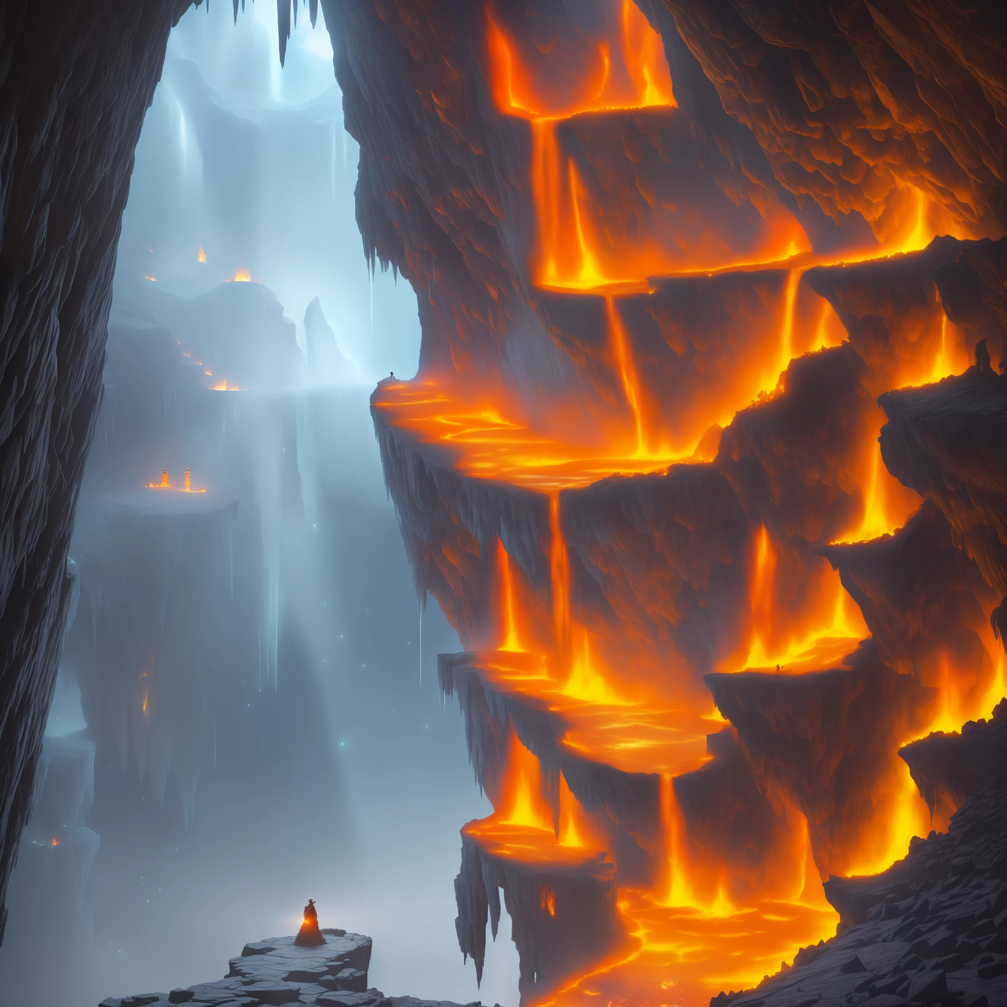extensive landscape photography (general view, which shows the vault of the cave, (detailed description of the cave), stalactites (detailed), stalagmites (detailed), as well as helicates (detailed), lake (detailed), lava, below), one gray-haired guy in a shirt and trousers (1: 3), (ultradetailed description of the exterior (standing on a stone ledge and looking down (lake of fire: 1.2), (falling stones: 0.9), (fire: 1.3), crystals, stones, lava, cave BREAK production art, (Cold Light Source:1.2), (Firefly:1.2), Fire Particles, Lots of Dark, Red, Yellow and Orange, Complex Details, Volumetric Lighting, BREAK Realism (Masterpiece:1.2), (Best Quality), 4k, Ultra Detailed, (Dynamic Composition: 1.4), High Detailed, Gloomy Details, (Dark Colors: 1.2), (Luminous Lighting, Atmospheric Lighting), Gloomy, Magical, (Solo: 1.2) --auto --s2