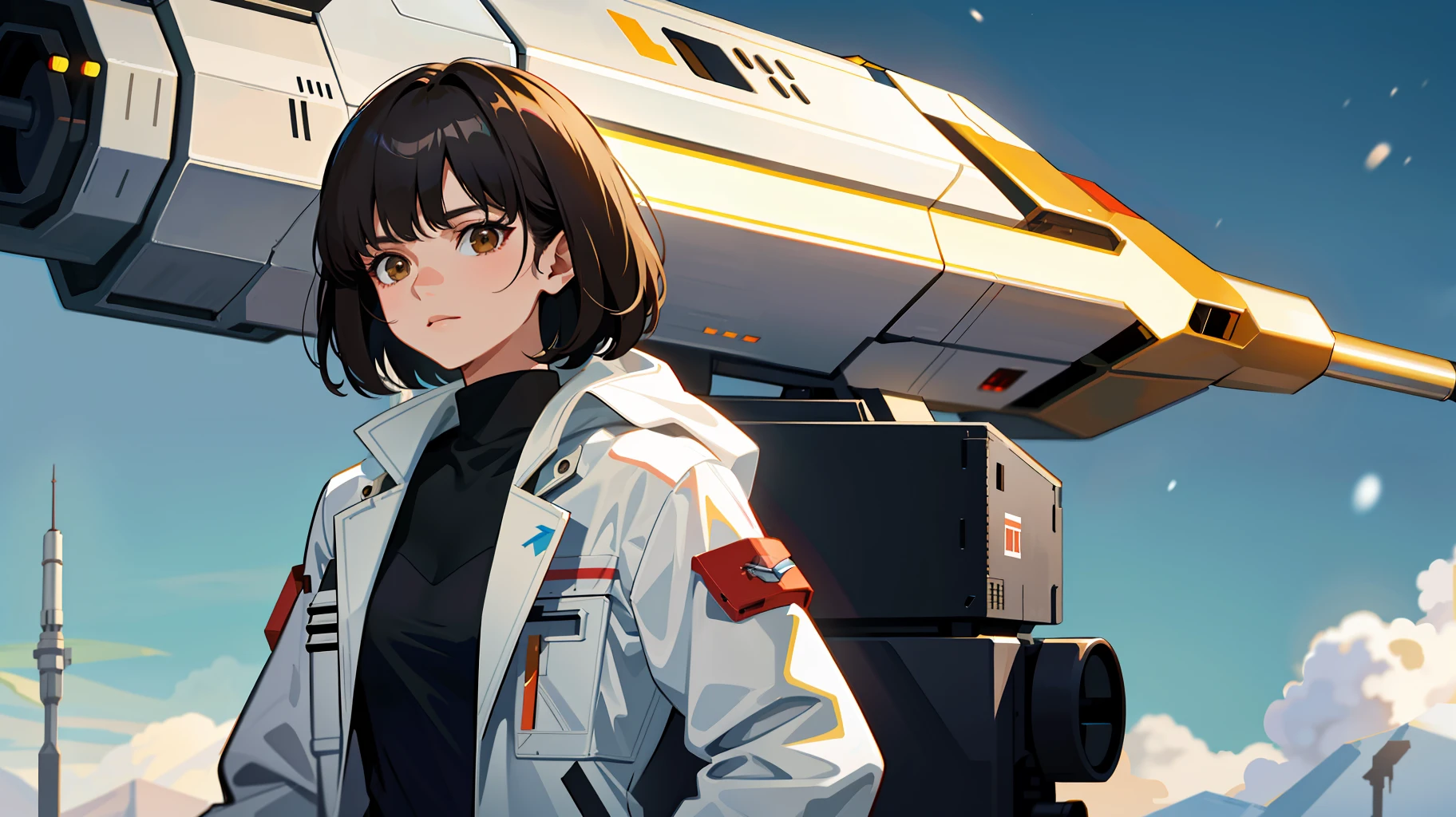 Science Fiction,Sci-Fi Movies,Artillery,Long-Range Missiles,Combat Vehicles,Based on the Movie Foundation ,Woman,Adult,Protagonist,28 years old,hopeful face,brown eyes,short hairstyle,black hair with white gray,scientist uniform,white researcher coat,open meadow,rebel,chaotic,future world,world of socialism,snow,chaos
