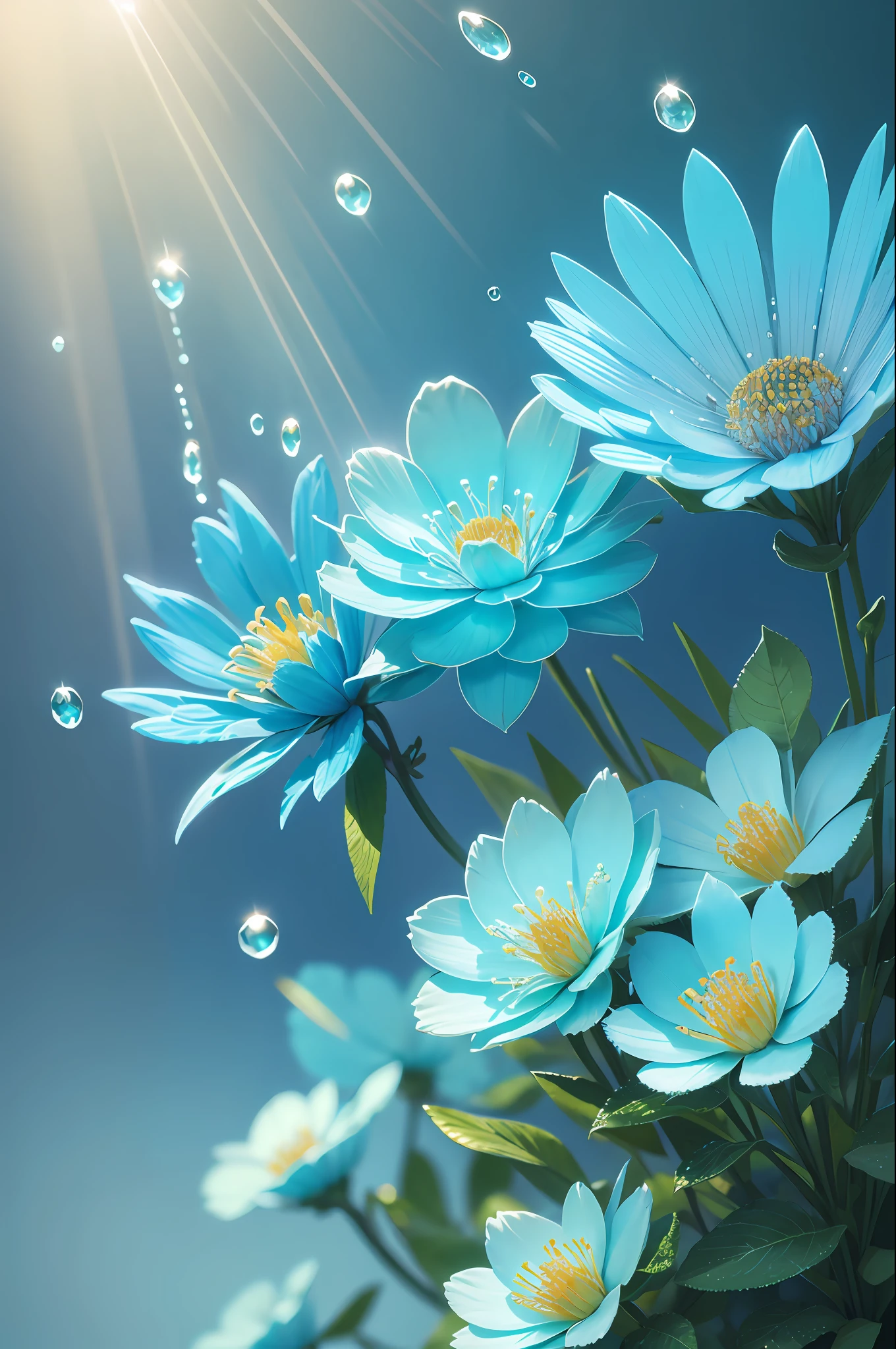 turquoise flowers with dew drops, vibrant leaves and stems, golden ice, blue color background, glow, sun rays and glare, high detail, full detail, high resolution, glow, rendering, photorealistic, 55 mm, volumetric lighting, ray tracing, reflections --auto --s2