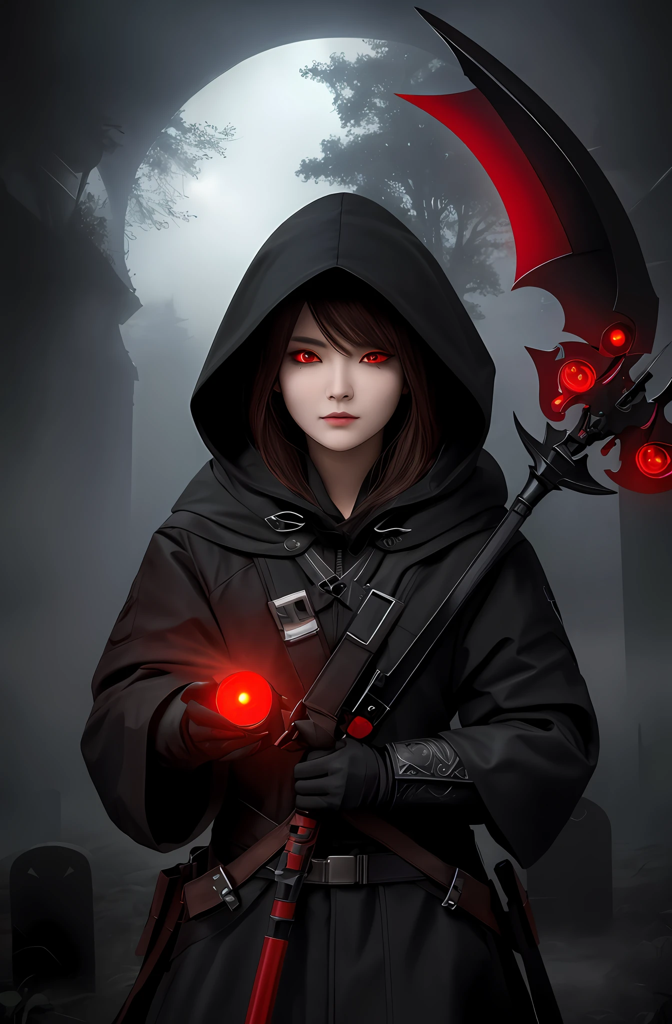 (16k, masterpiece, best quality), ultra-detailed, detailed beautiful round eyes, beautifully detailed face, high quality, high resolution, perfect anatomy, (a reaper appeared from the fog), in the darkness of the night, darkness, reaper hood, red eyes, evil, an evil face, graveyard background, varied pose, looking into the distance, side view, reaper, holding ((schyte)), schyte weapon, dark aura