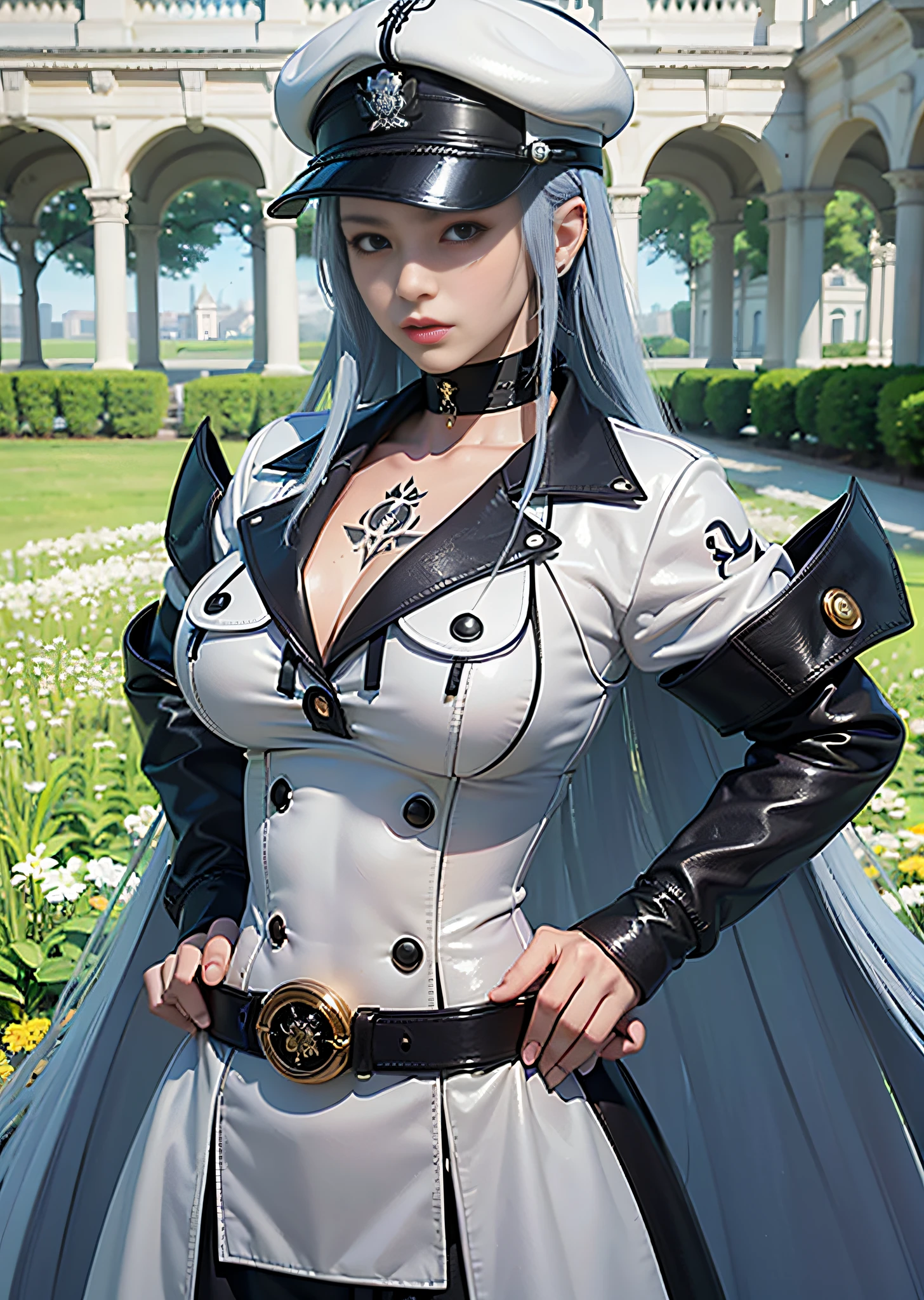 (32k, RAW photo, best quality, masterpiece:1.2), (realistic, photo-realistic:1.4), professional lighting, photon mapping, radiosity, 1girl, upper body, medium shot, large breast, ((tomoe tattoo in the middle of her chest)), standing in a position with both hands touching the waist, looking at viewer, high quality, ultra detailed, highres, 8k, accurate color reproduction, realistic texture, ((wearing white formal corporal, white corporal skirt, black and white navy hat, black wide leather choker)), ((extra deatailed)), (best quality), 1girl, esdeath ((extra deatailed body:1.3)), (realistic), 28 years old, ((long blue hair)), ((blue eyes)), daylight, pale skin, detailed chignon hair, ((flower garden and palace grounds)), (realistic glistening skin:1.2), skindentation, masterpiece, best quality, high resolution scan, (photo by Canon 5d, 50mm ZEISS lens), hourglass proportions, (8k uhd, hdr, dof), (professionally color graded), sharp focus, natural lighting,