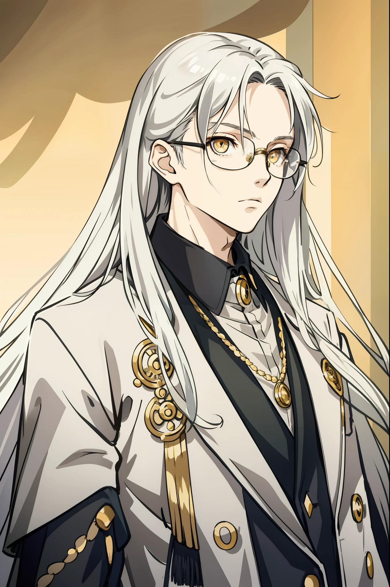 A young man with golden eyes, long hair, silver hair, gold-rimmed glasses, calm, long coat