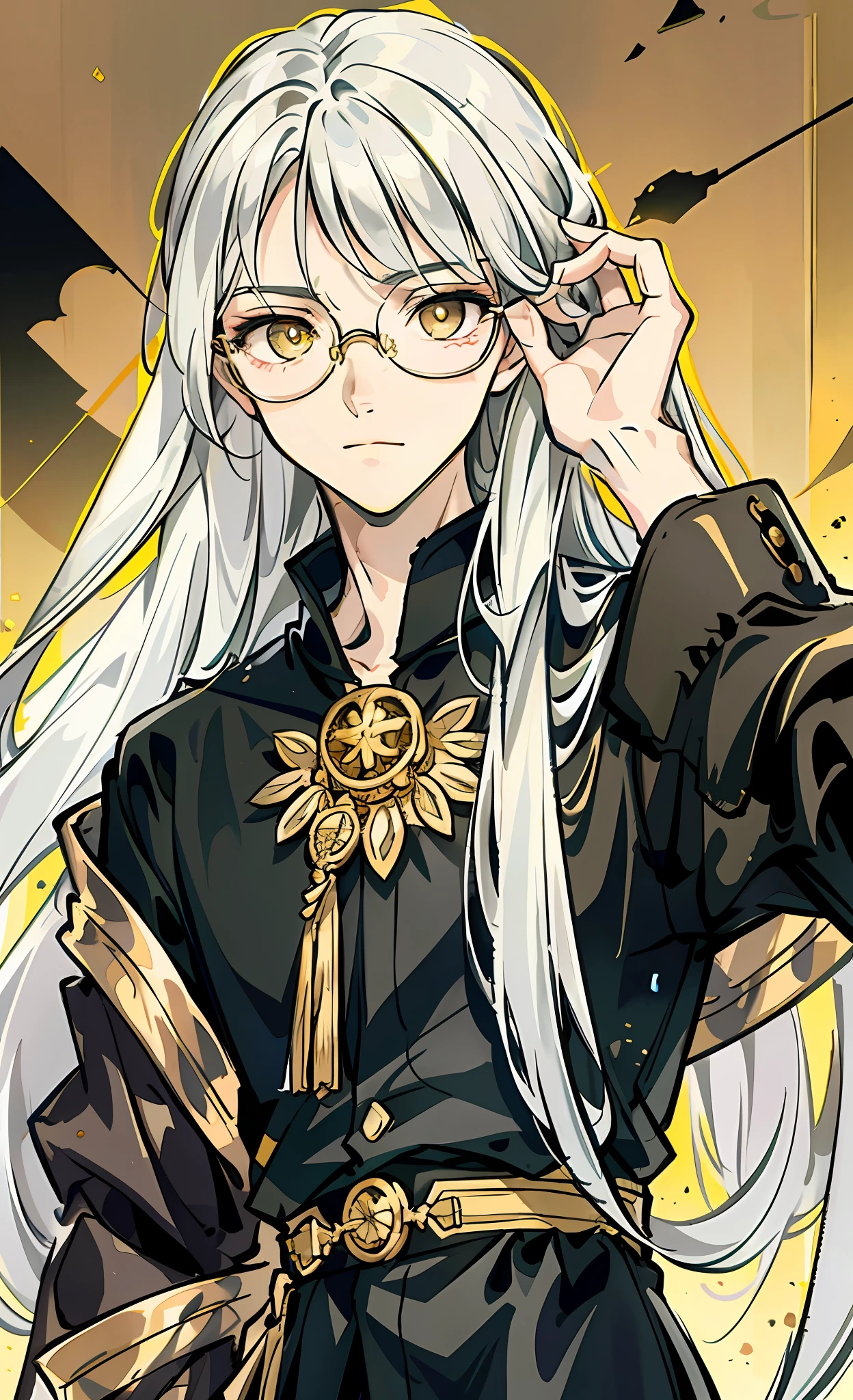 A young man with golden eyes, long hair, silver hair, gold-rimmed glasses, calm