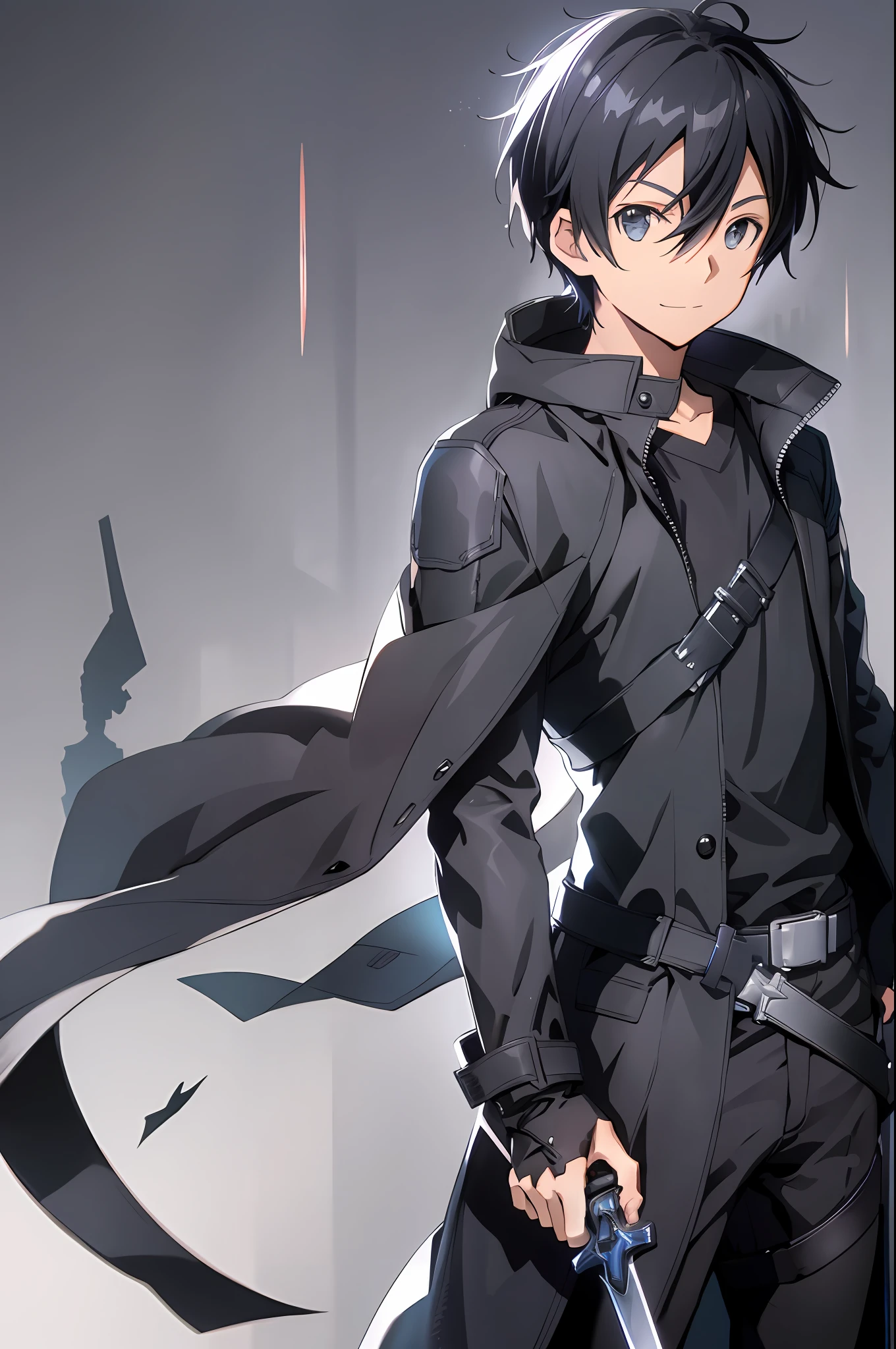 kirito, anime style cool guy, sword art online, black slim armor, shadows, black trench coat, 1boy, looking at viewer, standing, cowboy shot, full body, smiling, ultra-detailed, Simple background, high quality, high resolution.