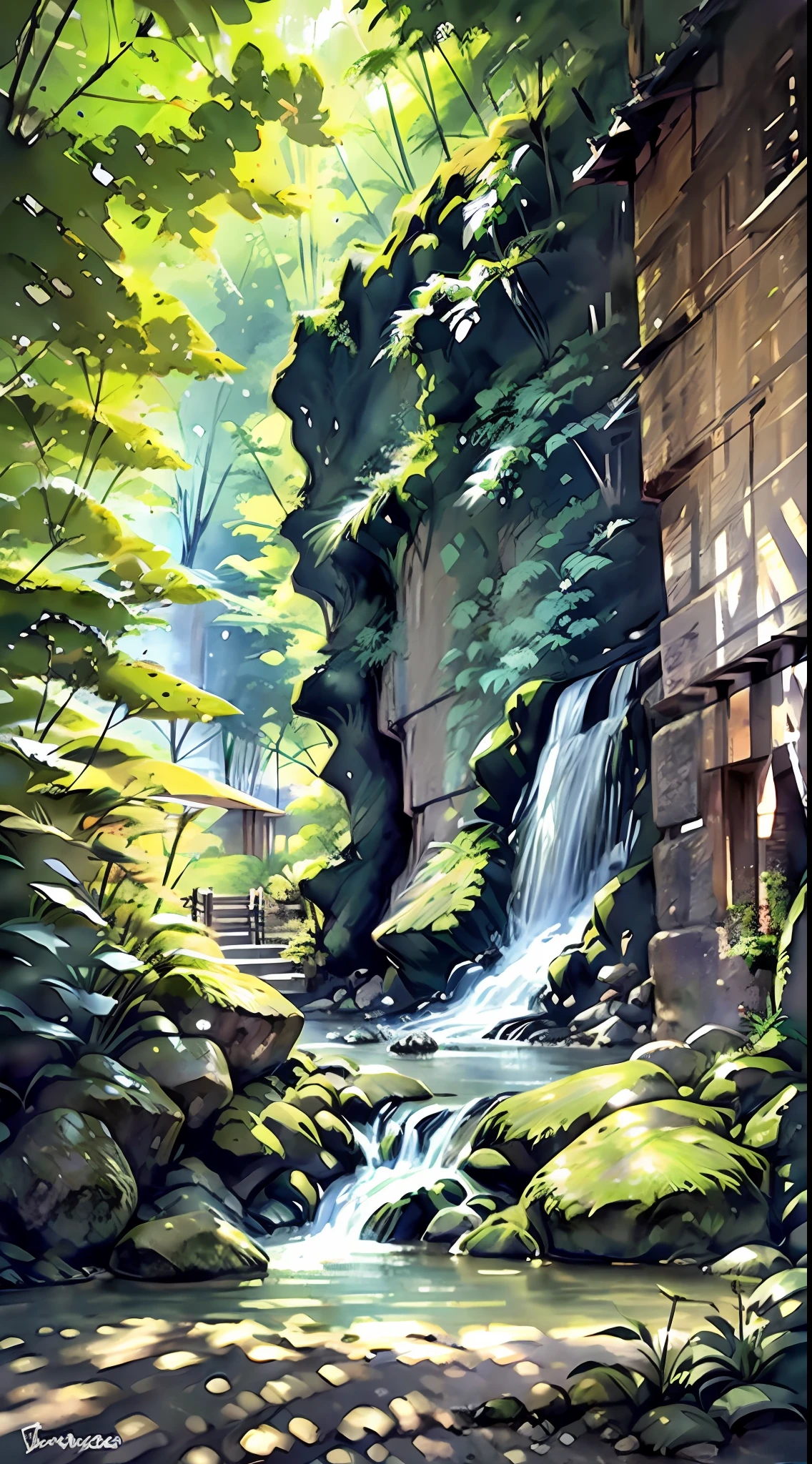 4k, June scenery, mountain, waterfall, river, bamboo grass, hydrangea, Ink painting