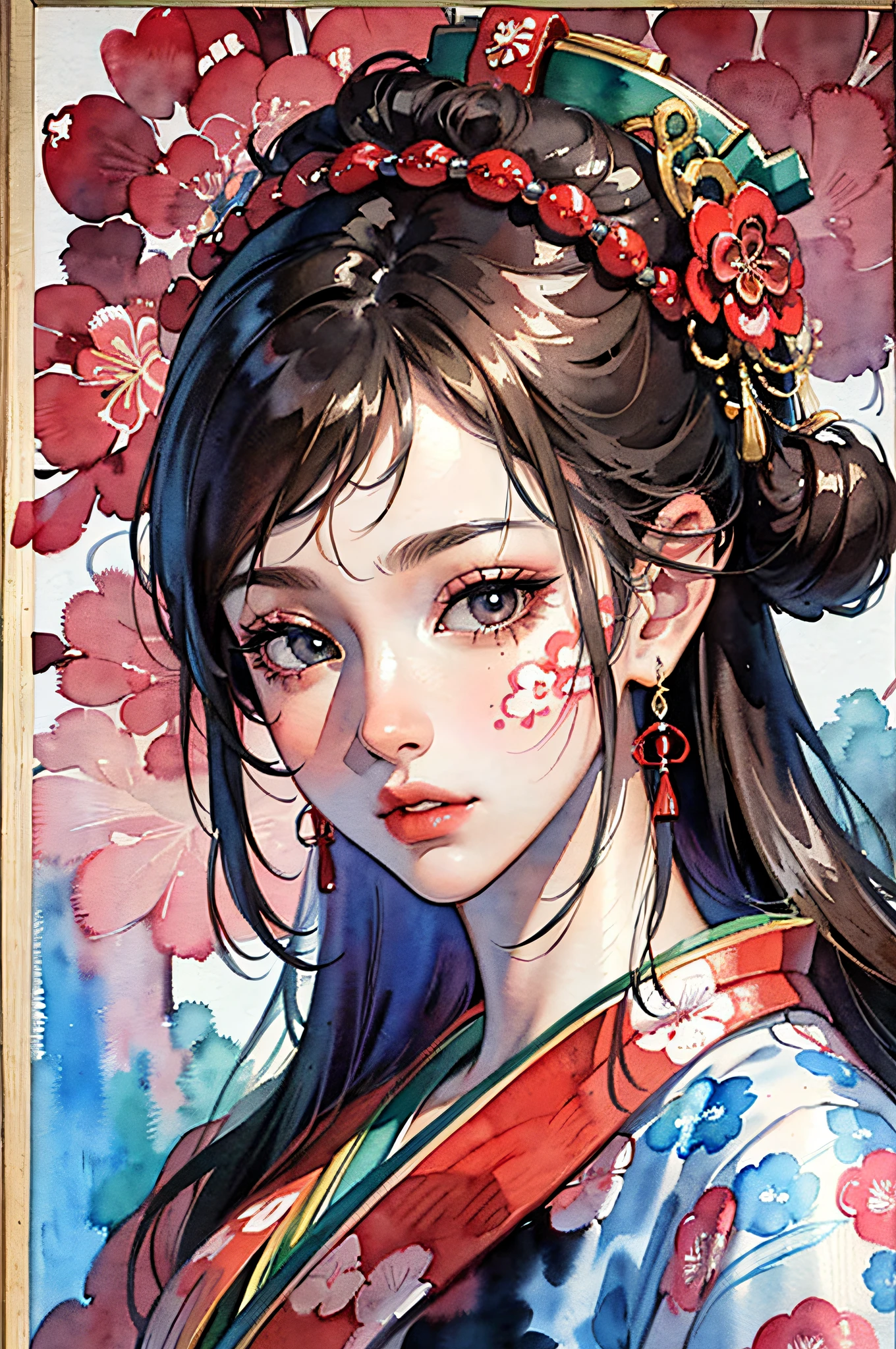 (masterpiece:1.2, best quality), (very detailed face, real picture, realistic skin, realistic body, intricate details), solo, 1milf, casual,ukiyo-e, (Watercolor:1.3), Oiran,