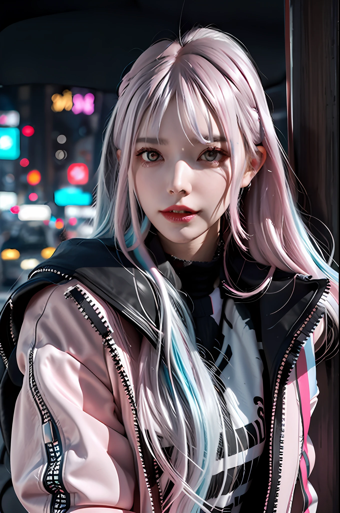 lucy \(cyberpunk\), 1girl,  hair scrunchie, hime cut, silver hair, colored tips, full moon, grey eyes, jacket, long sleeves, looking at viewer, medium hair, multicolored hair, parted bangs, parted lips, pink hair, portrait, red eyeliner, red lips, solo, white jacket, cyberpunk \(series\), rainy night in a cyberpunk city with glowing neon lights