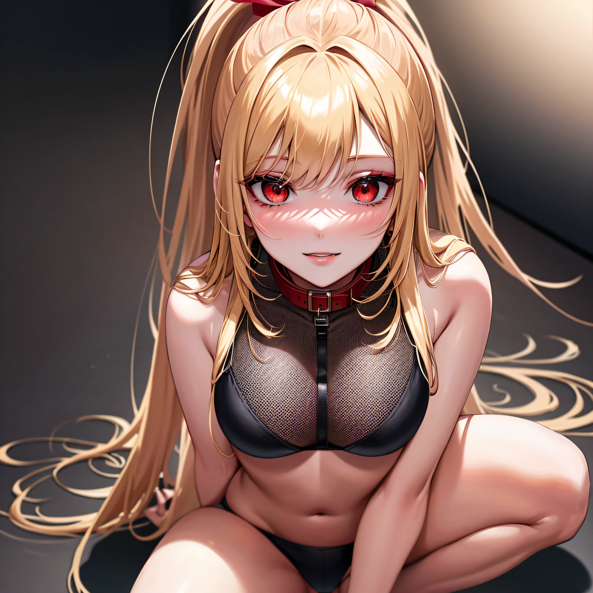 SLE, mksks-style, Top quality, Masterpiece, Detailed background, Very detailed, Complex and detailed face, Long eyelashes, Detailed eyes, (Adult female, standing: 1.1), (High ponytail: 1.3), (Thighs thick: 1.0), (Big: 1.3), (White background: 1.3),
(Solo: 1.3), (Red Eyes: 1.3), (Blonde and Black Mesh: 1.2), (Tousled Hair: 1.1), (Red Collar: 1.2), (Thick Lips, Pink Lips: 1.3), (Pink Eyeshadow: 1.2), (Moisturized Eyes), (Tied Full Body with Ropes: 1.3), Squatting on the Floor, Legs Open, Best Smile, Mouth wide open, Cheeks red, Blonde Dog Eating Crawling on all fours, full body