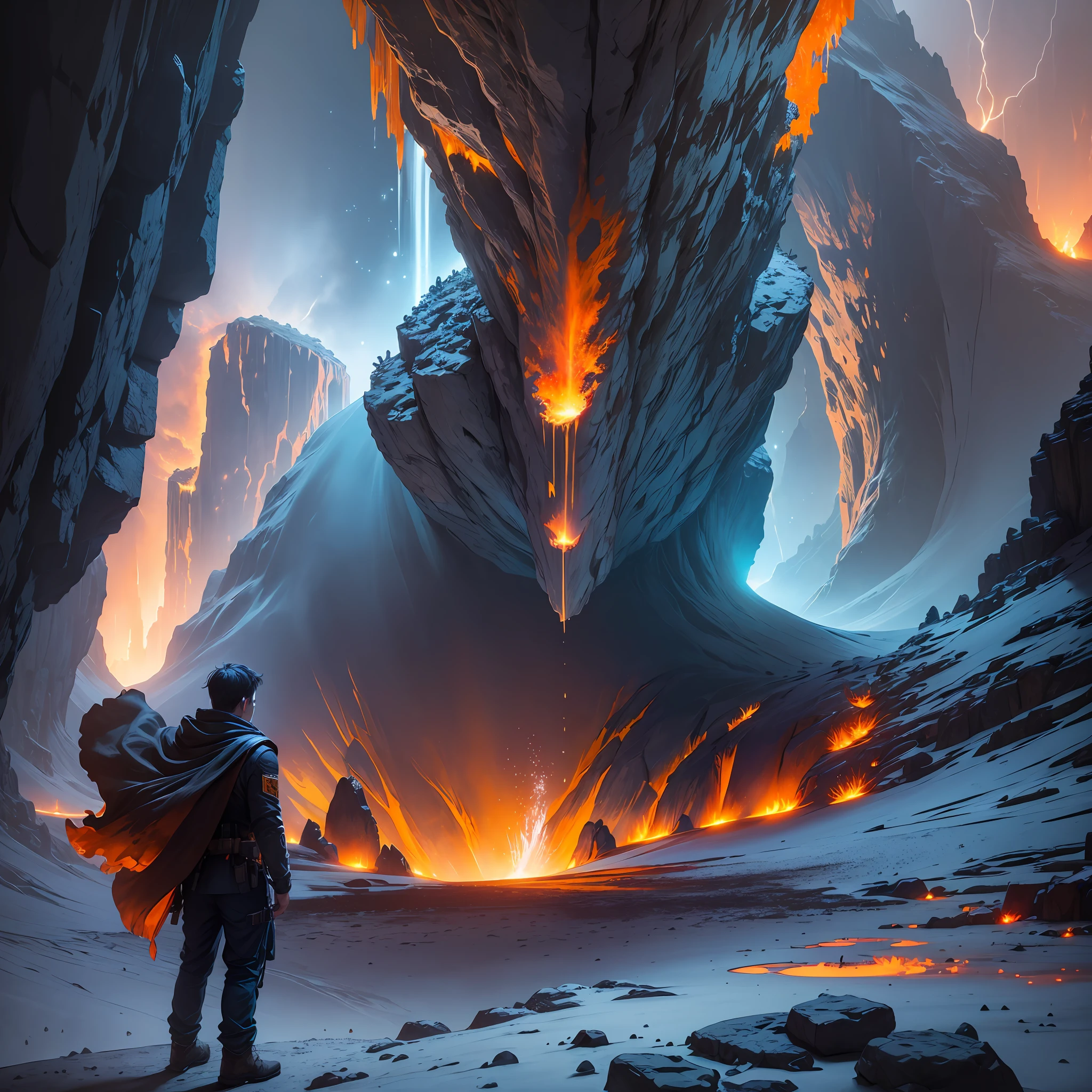 extensive landscape photograph (general view, which shows the vault of the cave, (detailed description of the cave), stalactites (detailed), stalagmites (detailed), as well as helicates (detailed), lake (detailed), lava, below), one gray-haired guy in a shirt and trousers (1: 3), (ultradetailed description of appearance), standing on a stone ledge in the fire and looking down (lake of fire: 1.2), (falling stones: 0.9), (fire: 1.3), crystals, fire stones, lava, cave, ruins, BREAK production art, (cold light source:1.2), (Firefly:1.2), fire particles, dark, red, yellow and orange, complex details, volumetric lighting, realism BREAK (masterpiece:1.2), (best quality), 4k, ultra-detailed, (dynamic composition: 1.4), high detailed, colorful details, (gloomy colors: 1.2), (luminous lighting, atmospheric lighting), gloomy, magical, (solo: 1.2) --auto --s2