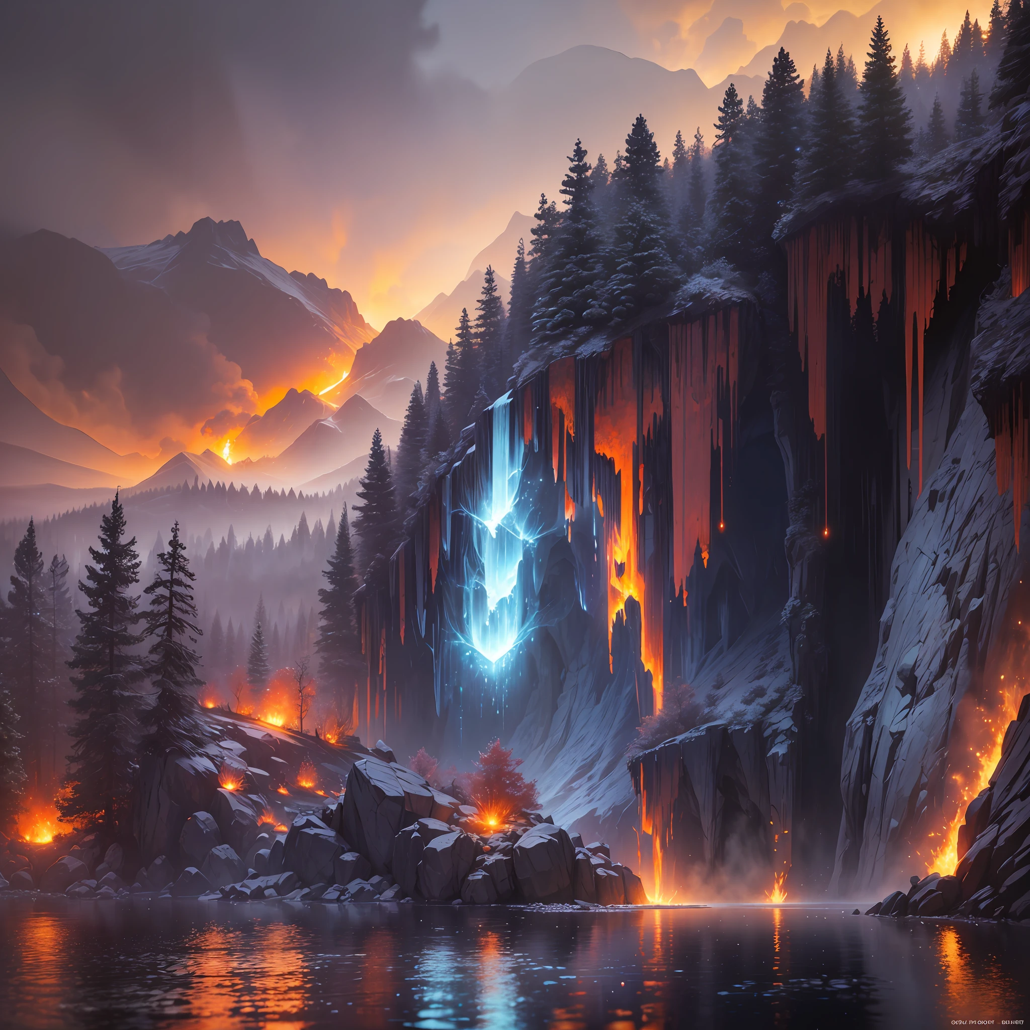 extensive landscape photograph (general view, which shows the vault of the cave, (detailed description of the cave), stalactites (detailed), stalagmites (detailed), as well as helicates (detailed), lake (detailed), lava, below), one gray-haired guy in a shirt and trousers (1: 3), (ultradetailed description of appearance), standing on a stone ledge in the fire and looking down (lake of fire: 1.2), (falling stones: 0.9), (fire: 1.3), crystals, fire stones, lava, cave, ruins, BREAK production art, (cold light source:1.2), (Firefly:1.2), fire particles, dark, red, yellow and orange, complex details, volumetric lighting, realism BREAK (masterpiece:1.2), (best quality), 4k, ultra-detailed, (dynamic composition: 1.4), high detailed, colorful details, (gloomy colors: 1.2), (luminous lighting, atmospheric lighting), gloomy, magical, (solo: 1.2) --auto --s2
