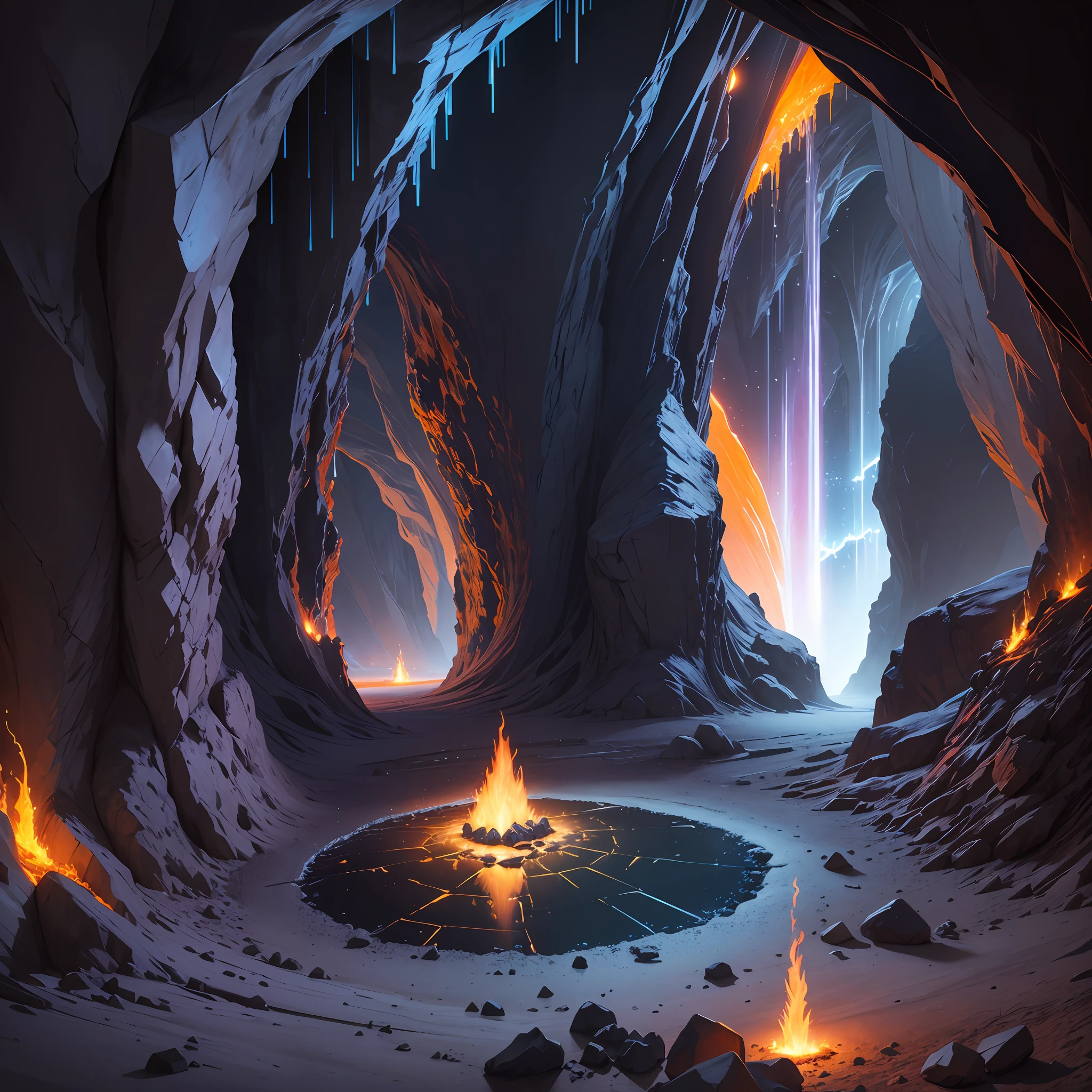 extensive landscape photograph (general view, which shows the vault of the cave, (detailed description of the cave), stalactites (detailed), stalagmites (detailed), as well as helicates (detailed), lake (detailed), lava, below), one gray-haired guy in a shirt and trousers (1: 3), (ultradetailed description of appearance), standing on a stone ledge in the fire and looking down (lake of fire: 1.2), (falling stones: 0.9), (fire: 1.3), crystals, fire stones,  lava, cave, ruins, BREAK production art, (cold light source:1.2), (Firefly:1.2), fire particles, dark, red, yellow and orange, complex details, volumetric lighting, realism BREAK (masterpiece:1.2), (best quality), 4k, ultra-detailed, (dynamic composition: 1.4), high detailed, colorful details, (gloomy colors: 1.2), (luminous lighting, atmospheric lighting), gloomy, magical, (solo: 1.2) --auto --s2