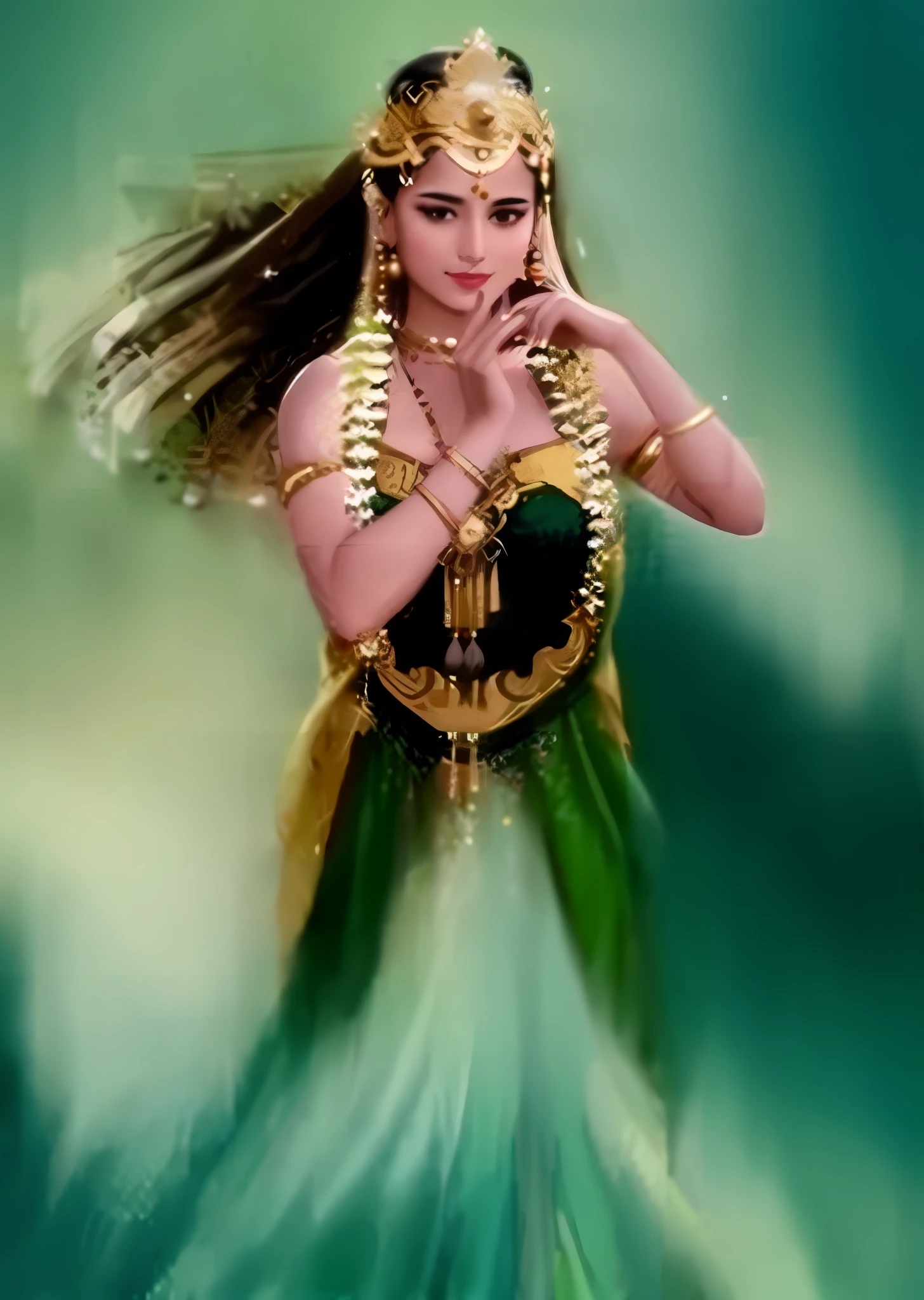painting of a woman in a green dress with a gold headpiece, painting of beautiful, indian goddess, goddess of love and peace, of indian princess, indian art, beautiful character painting, goddess art, goddess of nature, beautiful goddess, traditional beauty, portrait painting of a princess, godess, female goddess, indian goddess of wealth, devainart, goddess of beauty