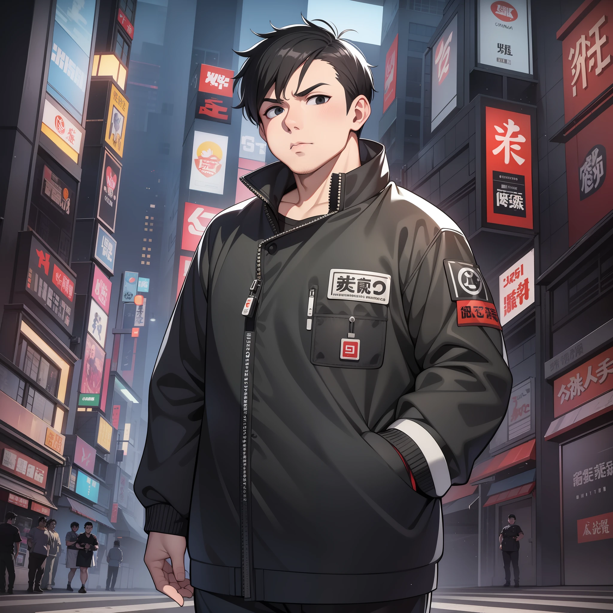 A Man, Obese: 1.2, White Chef Uniform, Short Black Hair, Black Eyes, Walking City Streets at Night, GTA Chinatowon Art Style, Inspired by Liam Wong, Pop in cgstation, Lofi Hip Hop, Kawacy, Inspired by Xi Gang, Tokyo Ghoul, Studio Trigger Anime, Official Art