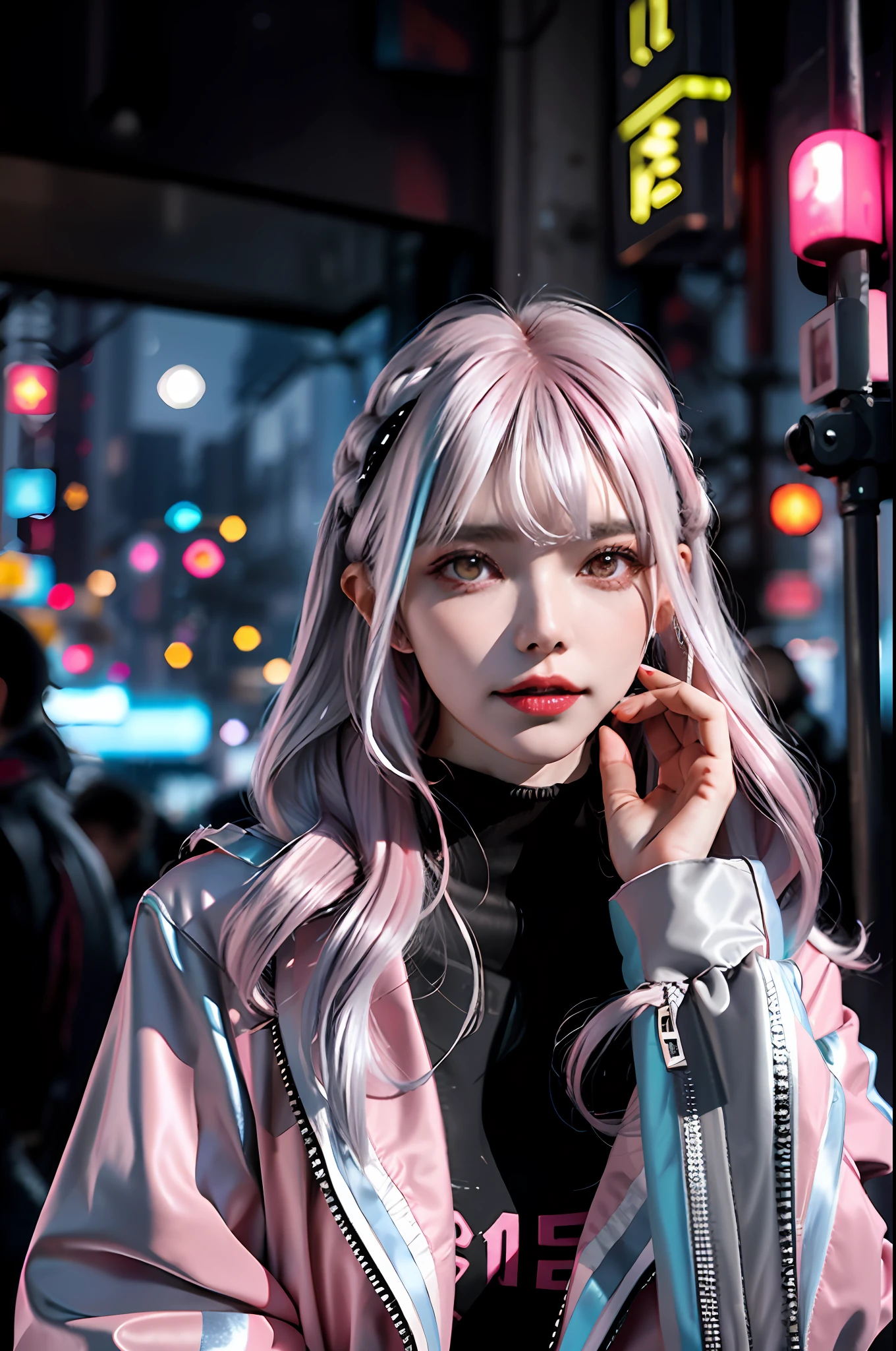 lucy \(cyberpunk\), 1girl, hair scrunchie, hime cut, silver hair, colored tips, full moon, grey eyes, jacket, long sleeves, looking at viewer, medium hair, multicolored hair, parted bangs, parted lips, pink hair, portrait, red eyeliner, red lips, solo, white jacket, cyberpunk \(series\), rainy night in a cyberpunk city with glowing neon lights