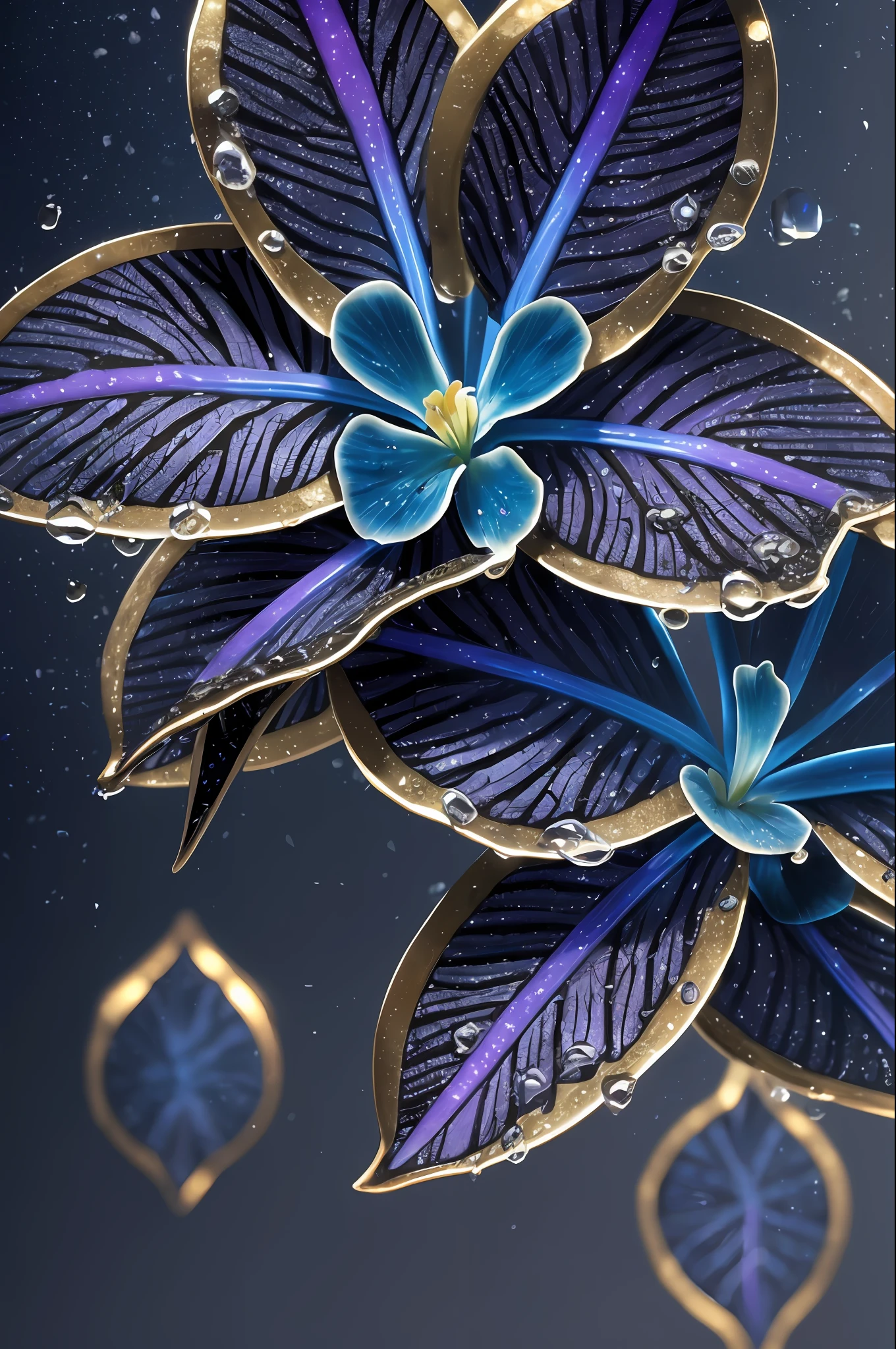 black and blue orchids with dew drops, bright leaves and stems, golden ice, purple background, glow, high-detail, full detail, high resolution, glow, rendering, photorealism, 55mm, volumetric lighting, ray tracing, reflections --auto --s2