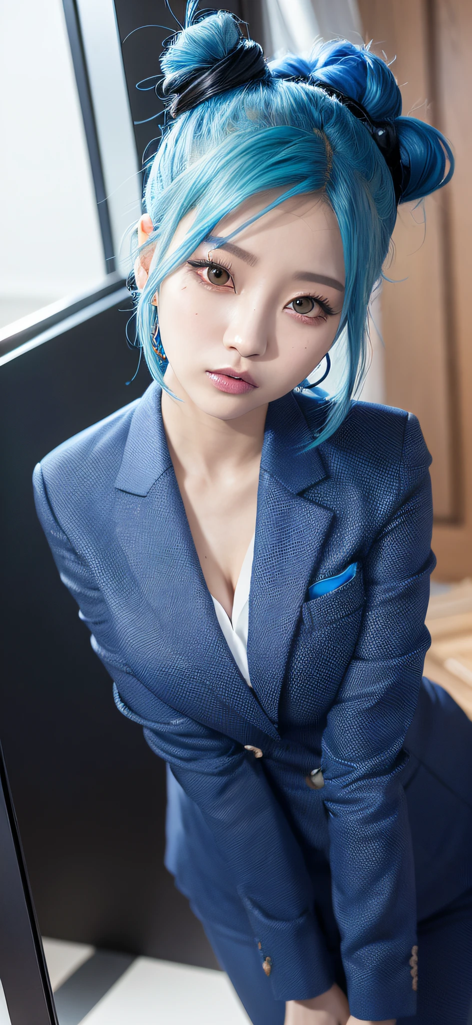 arafed woman with blue hair and a suit jacket posing for a picture, portrait of jossi of blackpink, portrait of female korean idol, jinyoung shin, with blue hair, tzuyu from twice, jaeyeon nam, ulzzang, blue hairstyle, portrait of kpop idol, popular south korean makeup, dark blue hair, with blue skin, bae suzy