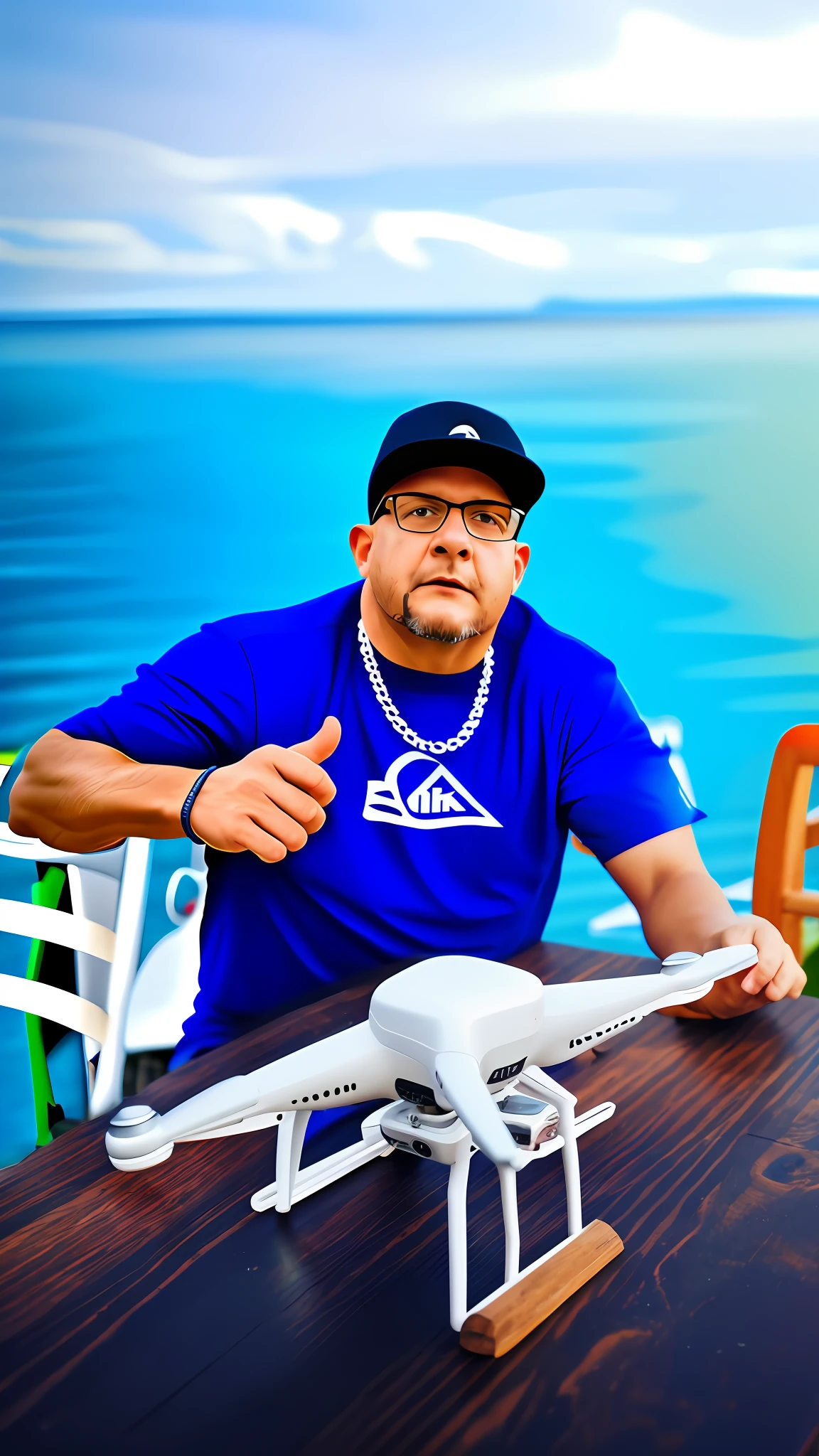 A small drone on a large rustic wooden table