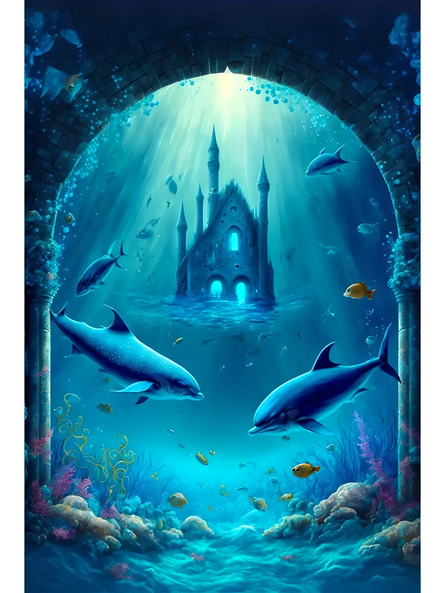 dolphins and castle in the ocean with a castle in the background, undersea temple, undersea temple with fish, underwater shrine, underwater temple, underwater city, underwater scene, atlantis background, magical ocean, masterpieceunderwater scene, a portal to the depths, underwater world, underwater scenery, under the sea, light kingdom backdrop, undersea environment, under water scenery