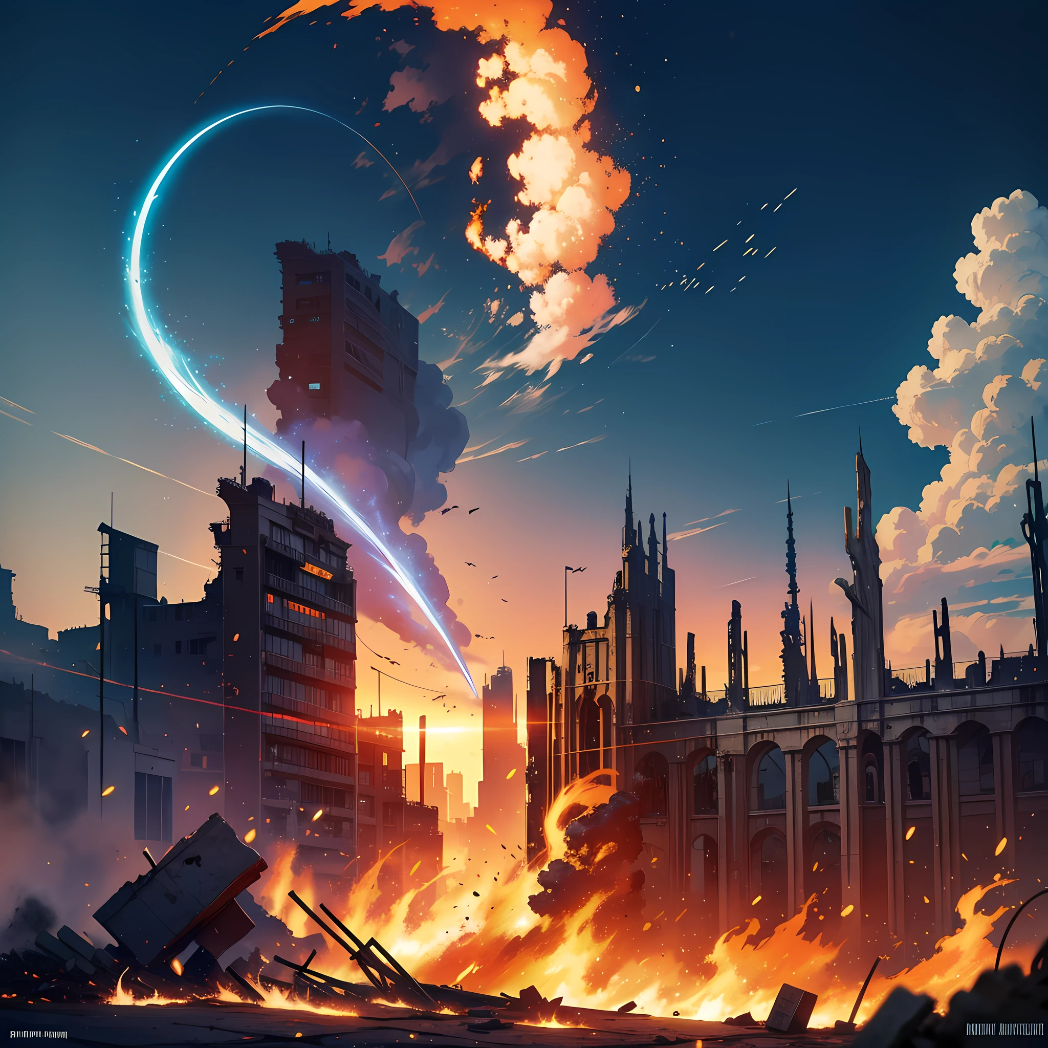A fire extinguisher that cuts an arc in the air with ruins in the background