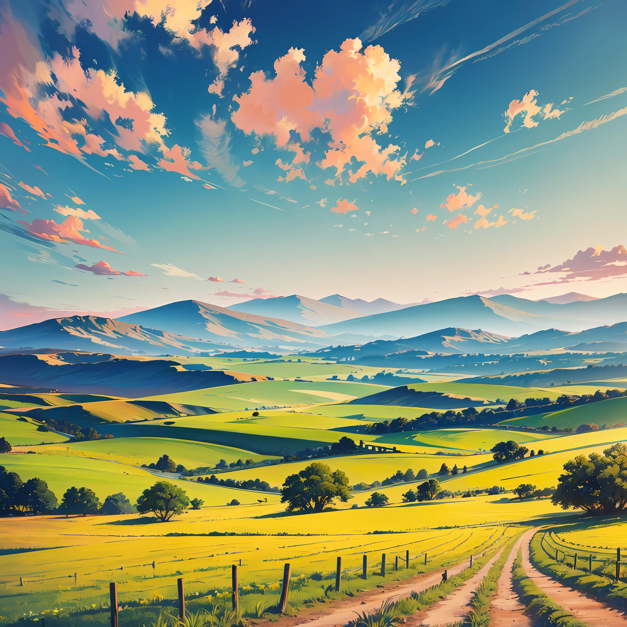 beautiful horizontal orientation landscape of the land of canaan, extensions of land with a lot of green grass, some vineyards and mountains, you can see some camels on the horizon, Disney style, 8k, extremely detailed, bright colors --auto --s2