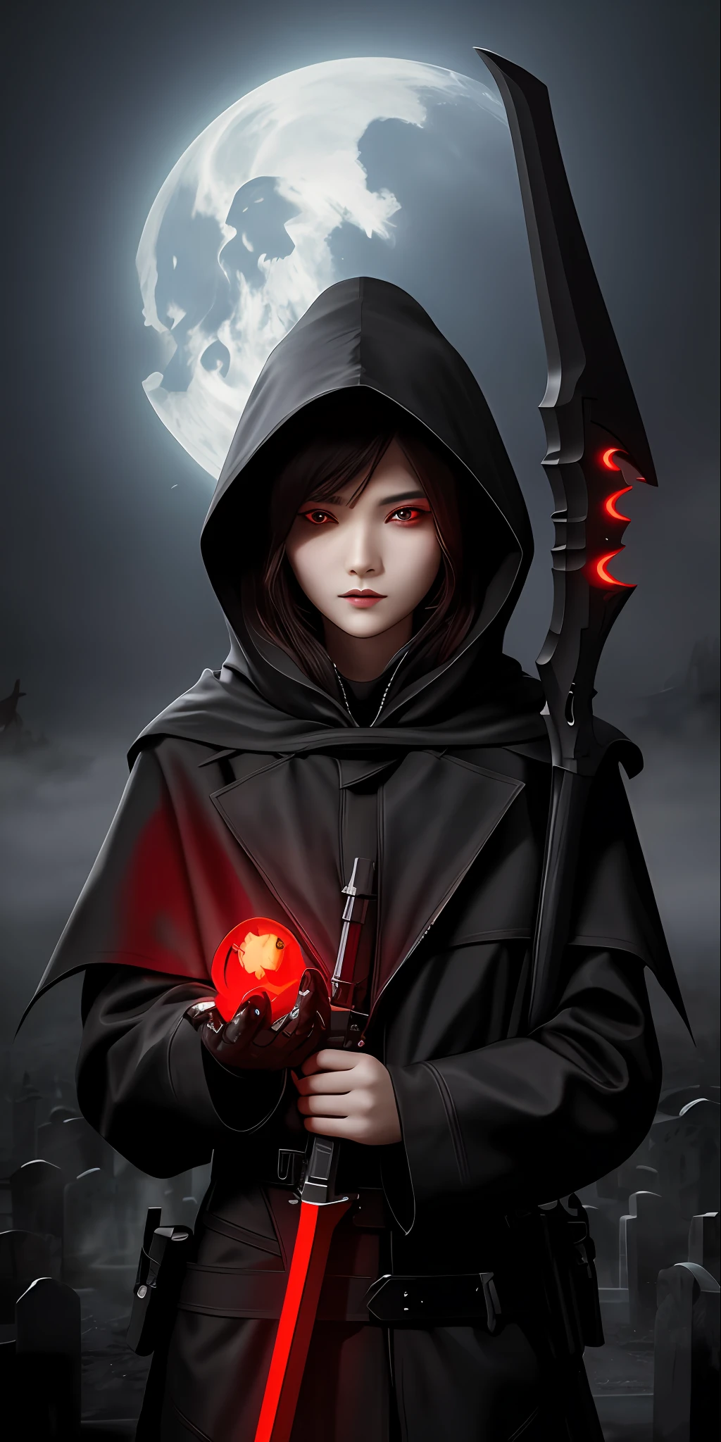 (16k, masterpiece, best quality), ultra-detailed, detailed beautiful round eyes, beautifully detailed face, high quality, high resolution, perfect anatomy, (good anatomy), (a reaper appeared from the fog), in the darkness of the night, darkness, reaper hood, red eyes, evil, an evil face, graveyard background, varied pose, looking into the distance, side view, reaper, holding ((schyte)), schyte weapon, dark aura