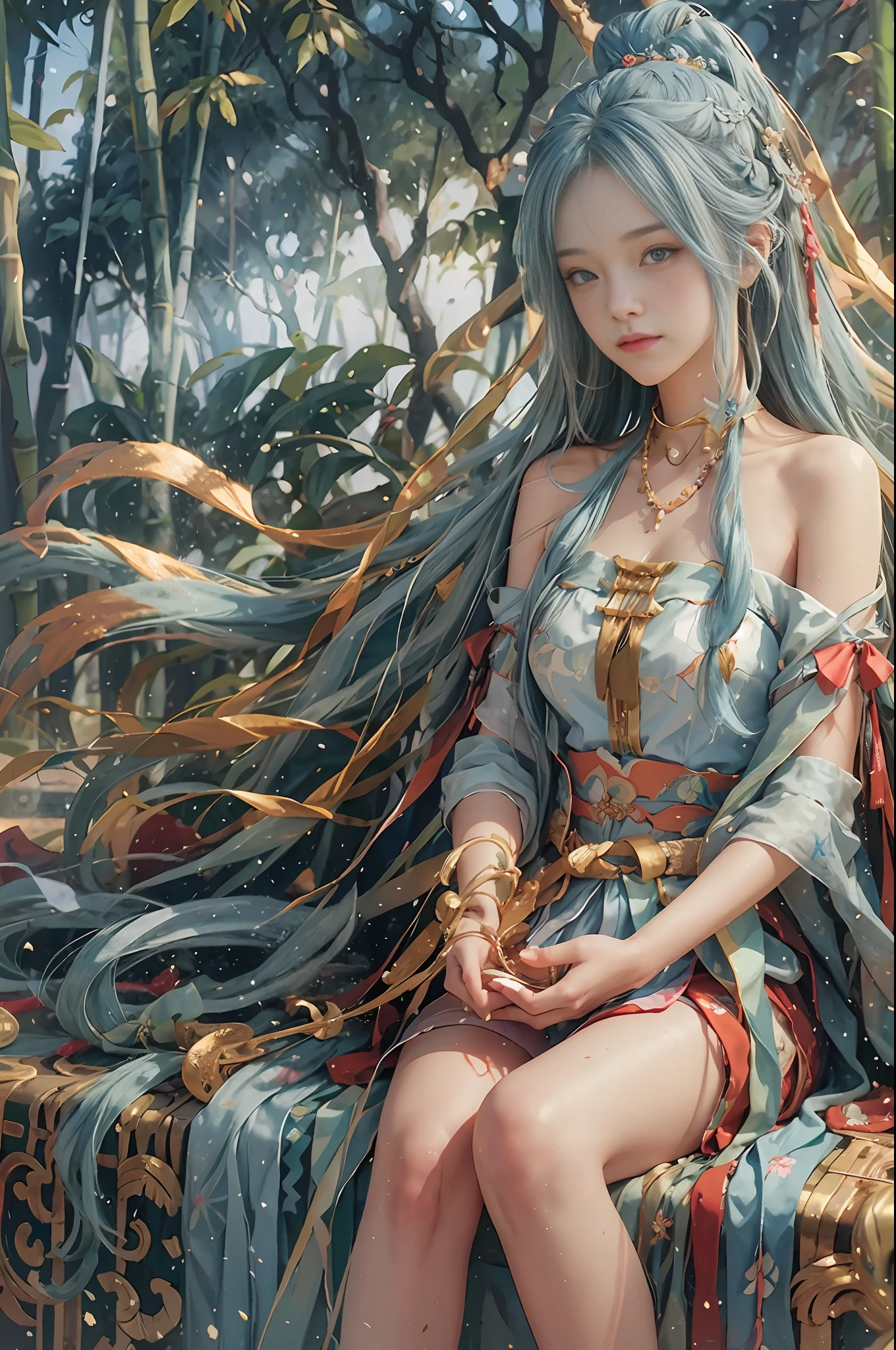 Masterpiece, Best Quality, Official Art, 8k Wallpaper, Very Detailed, Illustration, 1 Girl, Sky Blue Hair, Long Hair, Detailed Eyes, Forrest Gump, Bare Shoulders, Hanfu, Lake, Pure, Soft Smile, bamboo, tea