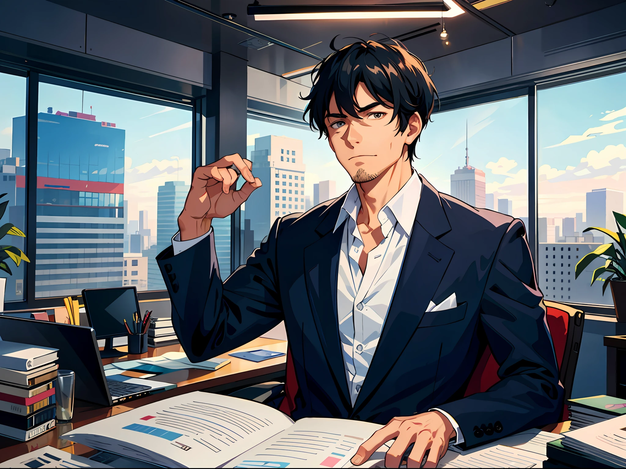 High resolution, highest quality, illustrations, super detail, a heroic middle-aged entrepreneur is sitting in a luxurious office with an incredible expression on his face