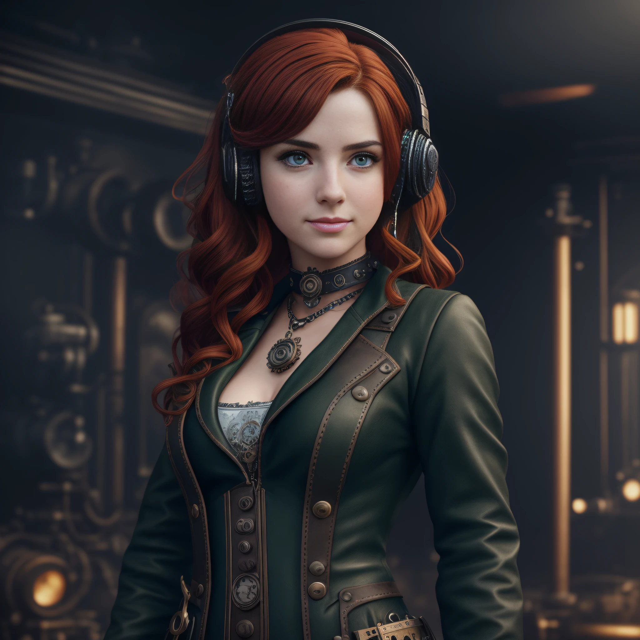 (a 19 yo girl, (Ana de Armas:0.45), (redhead:1.1)), cute smile, (perfect eyes:1.1), wavy hair, steampunk jumpsuit, intercom headset, steampunk choker, long leather boots, perfect detailed face, detailed symmetric green eyes with circular iris, fixing a steam engine in the steampunk garage filled with steam and smoke, onvex lenses, intricate, hdr, intricate details, detailed, cinematic, cogs and gears, steamy background with lots of steam pipes and steam valves and pressure gauges and gears, realistic, stunning realistic photograph, 3d render, octane render, cinematic, Isometric, Centered, hyperealistic cover photo, awesome full color, 12k, high definition, portrait featured on unsplash, smooth, ultra high definition, 8k, ultra sharp focus, intricate artwork, masterpiece, ominous, epic, highly detailed, warm cinematic