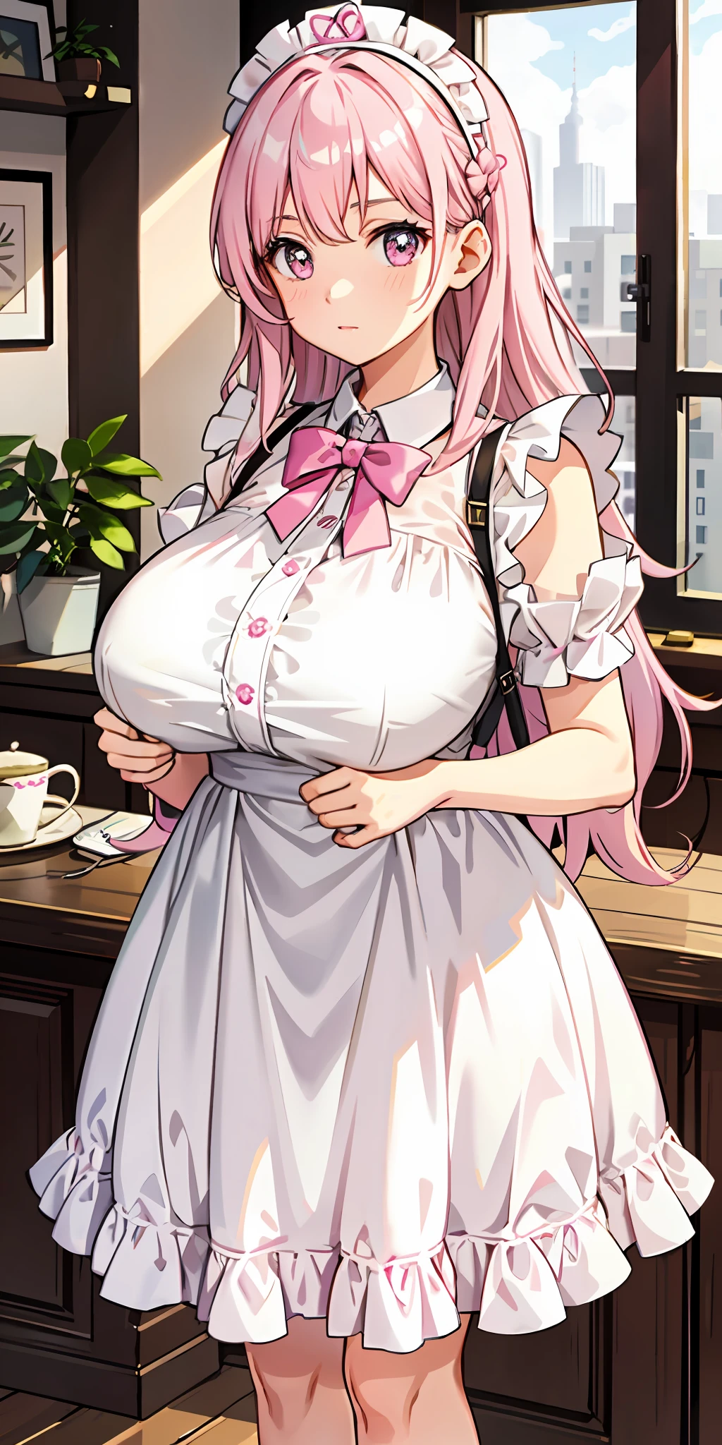 Detailed writing, working in a coffee shop, 1 girl, age: 22 years old, hairstyle: wavy medium hair, hair color: pink, eye color: pink, with face: soft roundness, big eyes, maternal expression, height: 160cm, ((body type: fluffy figure)), breast size: large, (clothing: pink and white neat maid clothes with plenty of ruffles)