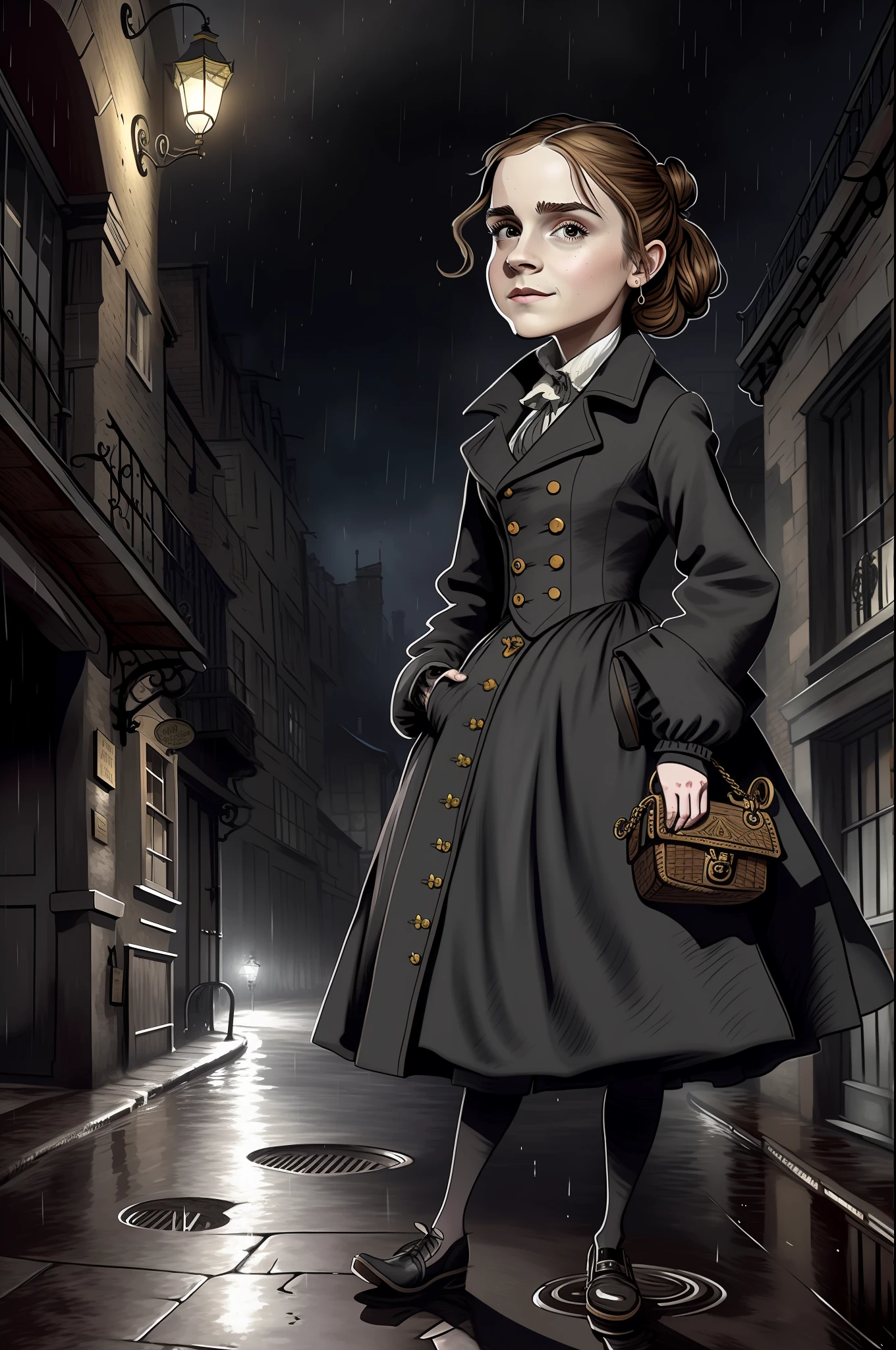 closeup, emma watson, victorian london alley, night, rain, puddles