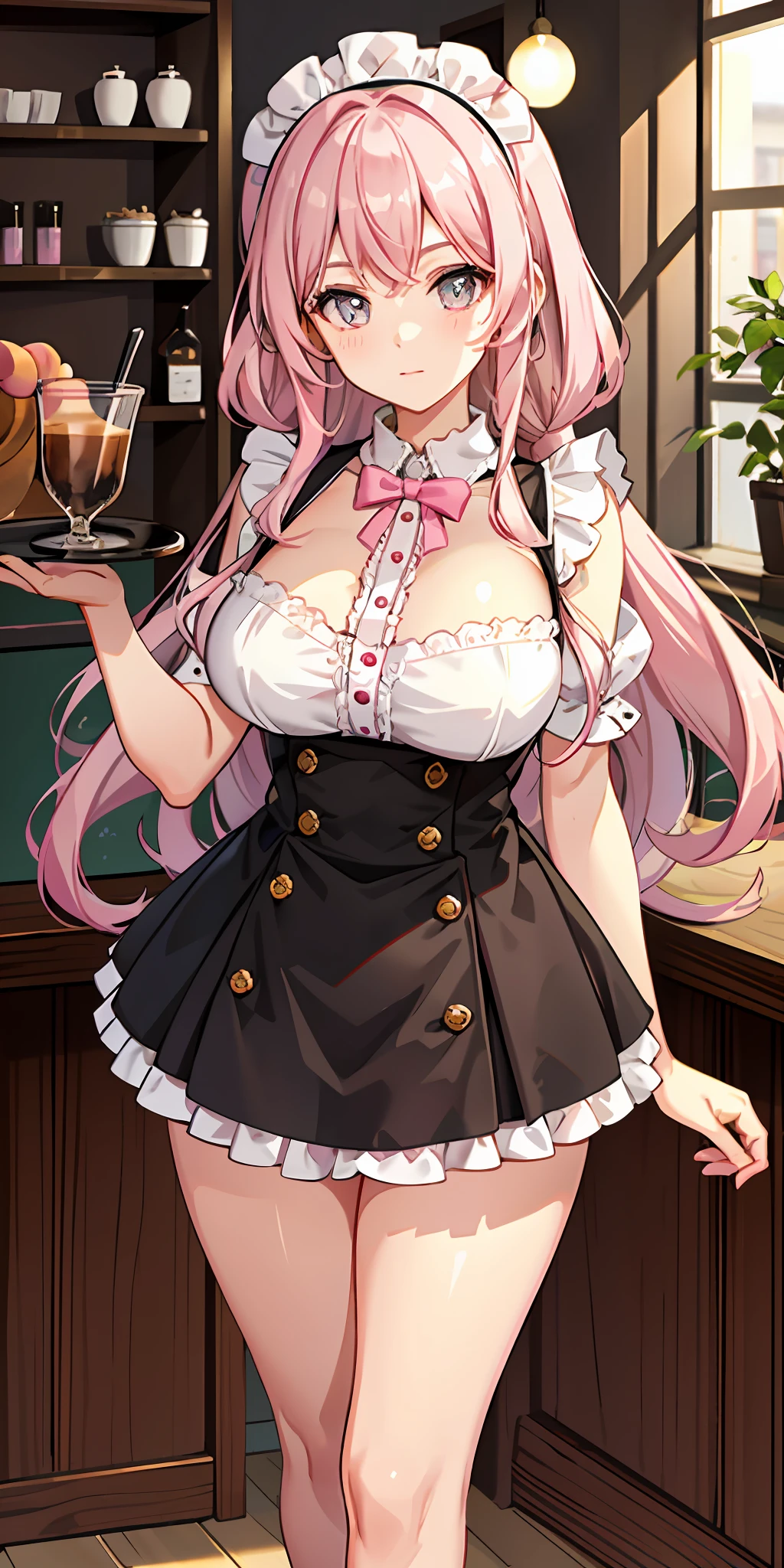 High quality, Working in a coffee shop, 1 girl, Age: 22 years old, Hairstyle: Wavy medium hair, Hair color: Pink, Eye color: Pink, Eye color: Peach, Face: Soft roundness, Big eyes, Maternal expression, Height: 160cm, ((Body type: Fluffy figure)), Breast size: Large, (Clothing: neat maid outfit with plenty of pink and white ruffles)