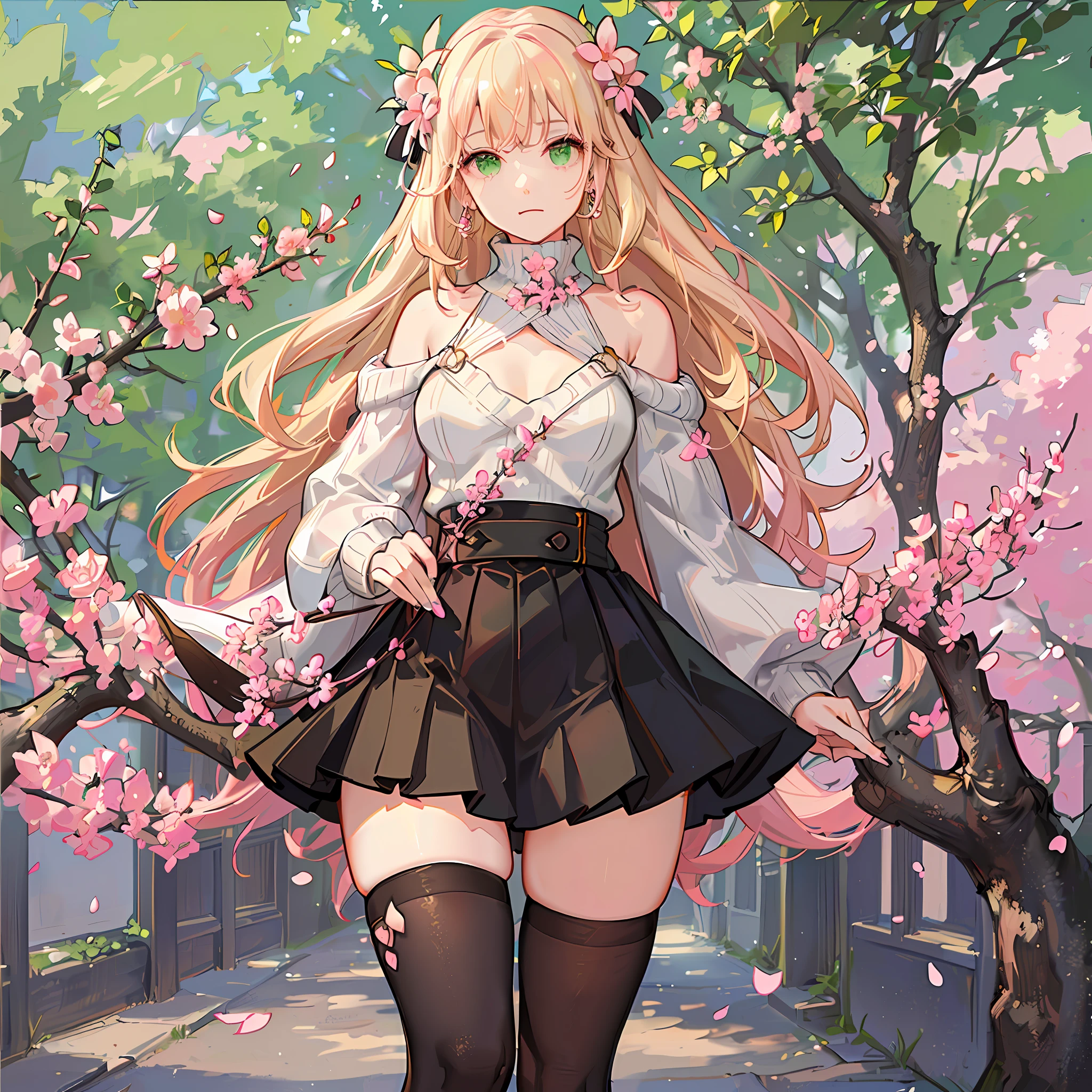 (1girl), (thick thighs), (big hips), (blonde curly hair:1.1), (green eyes:1.1), (off-shoulder pink sweater), (black skirt), (pink and white stockings), (pink nails), (under sakura trees), (facing camera), (best quality), (small chest), (pink flower earrings), (solo)