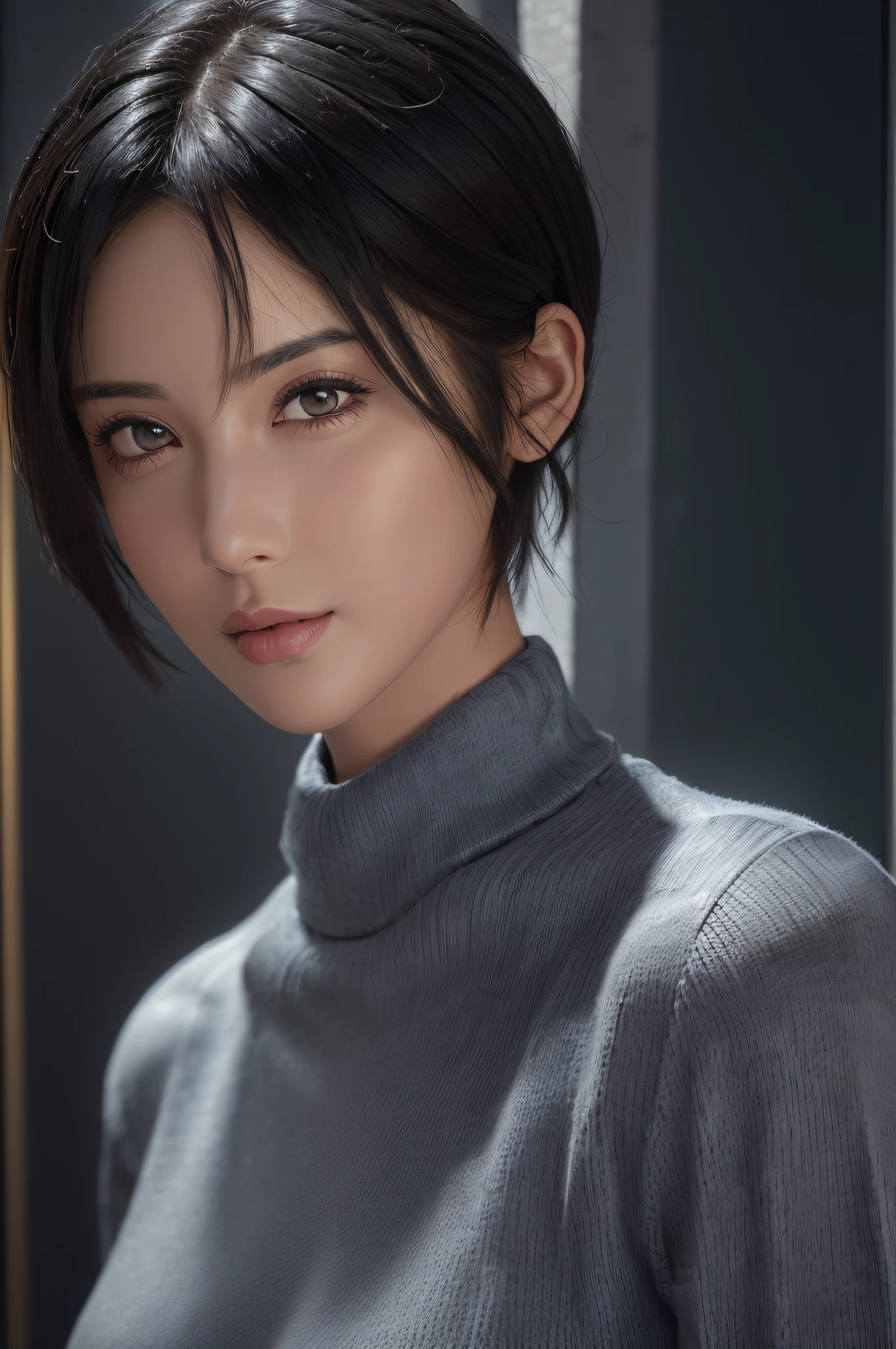 (masterpiece:1.3), (8k, photorealistic, RAW photo, best quality: 1.4), (1girl), beautiful face, (realistic face), (black hair, short hair:1.3), beautiful hairstyle, realistic eyes, beautiful detailed eyes, (realistic skin), beautiful skin, (sweater), absurdres, attractive, ultra high res, ultra realistic, highly detailed, golden ratio