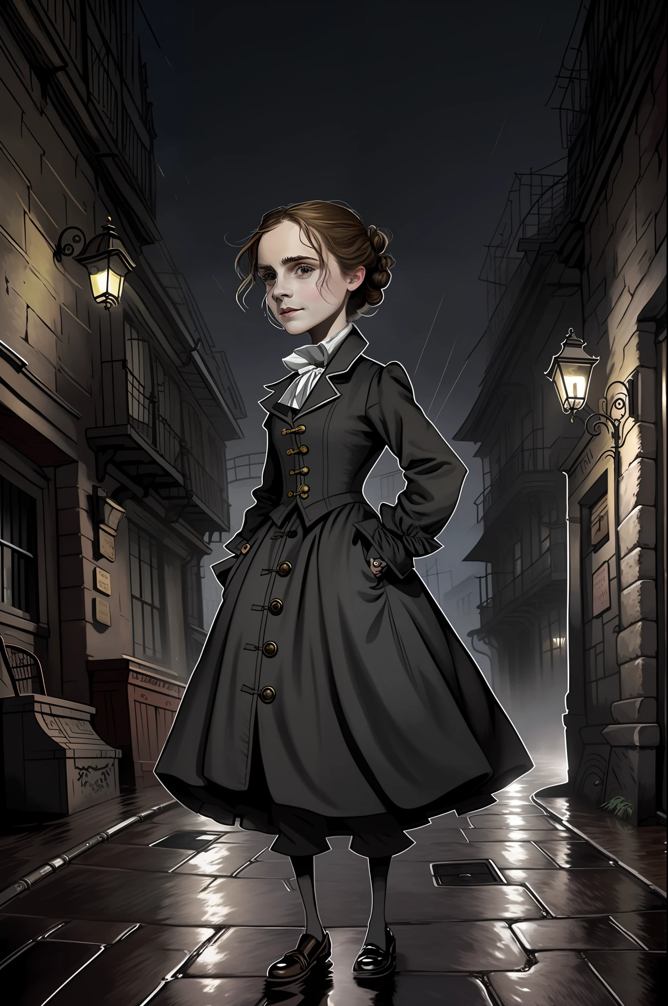 closeup, emma watson, victorian london alley, night, rain, puddles