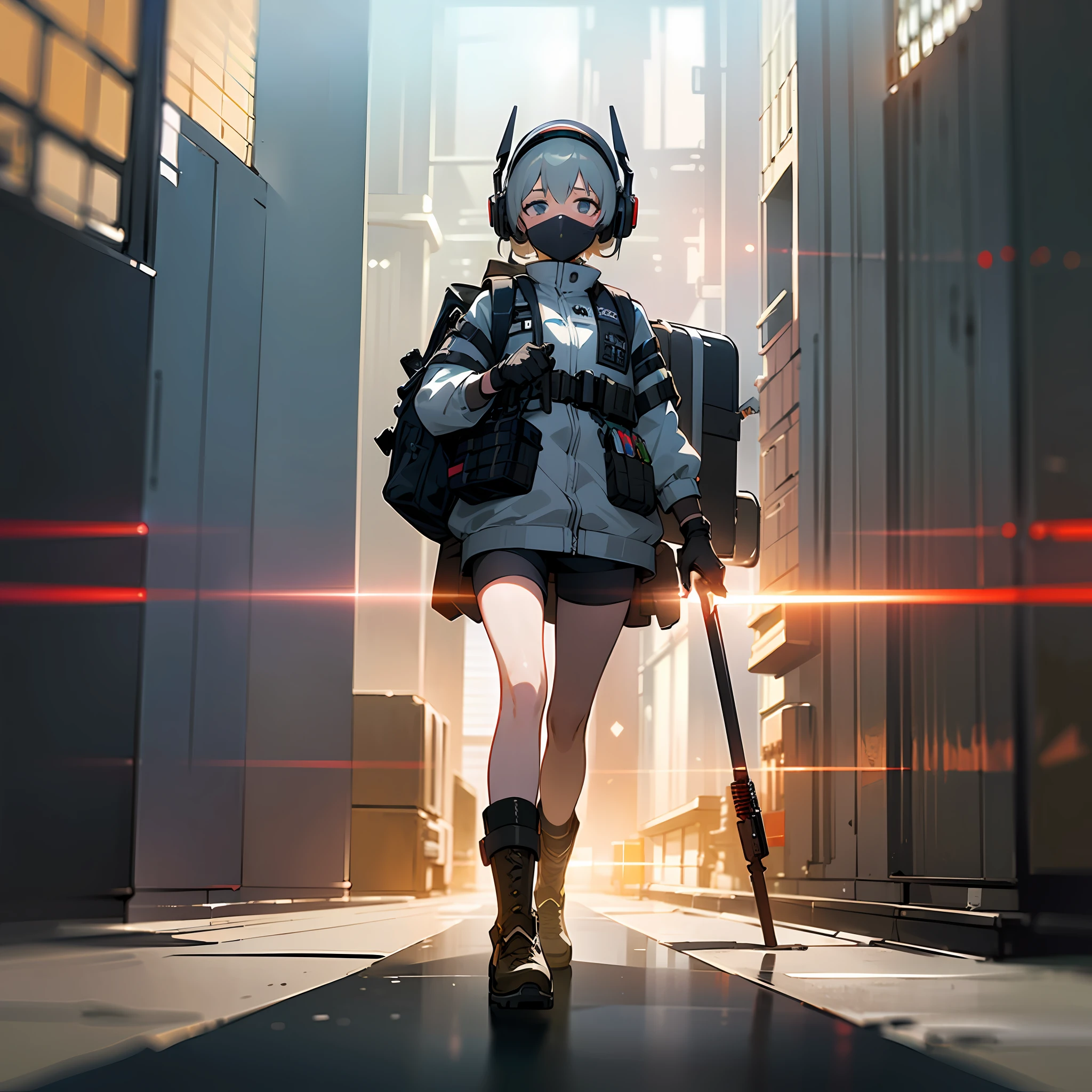 ((high quality)), ((masterpiece)), 8k, 2girls, bulletproof vest, light rays, extremely detailed CG unity 8k wallpaper, game cg, looking at viewer, gloves, boots, full body, watch, computer, mask, drone, holding weapon, headphones, jacket, bag, backpack,
