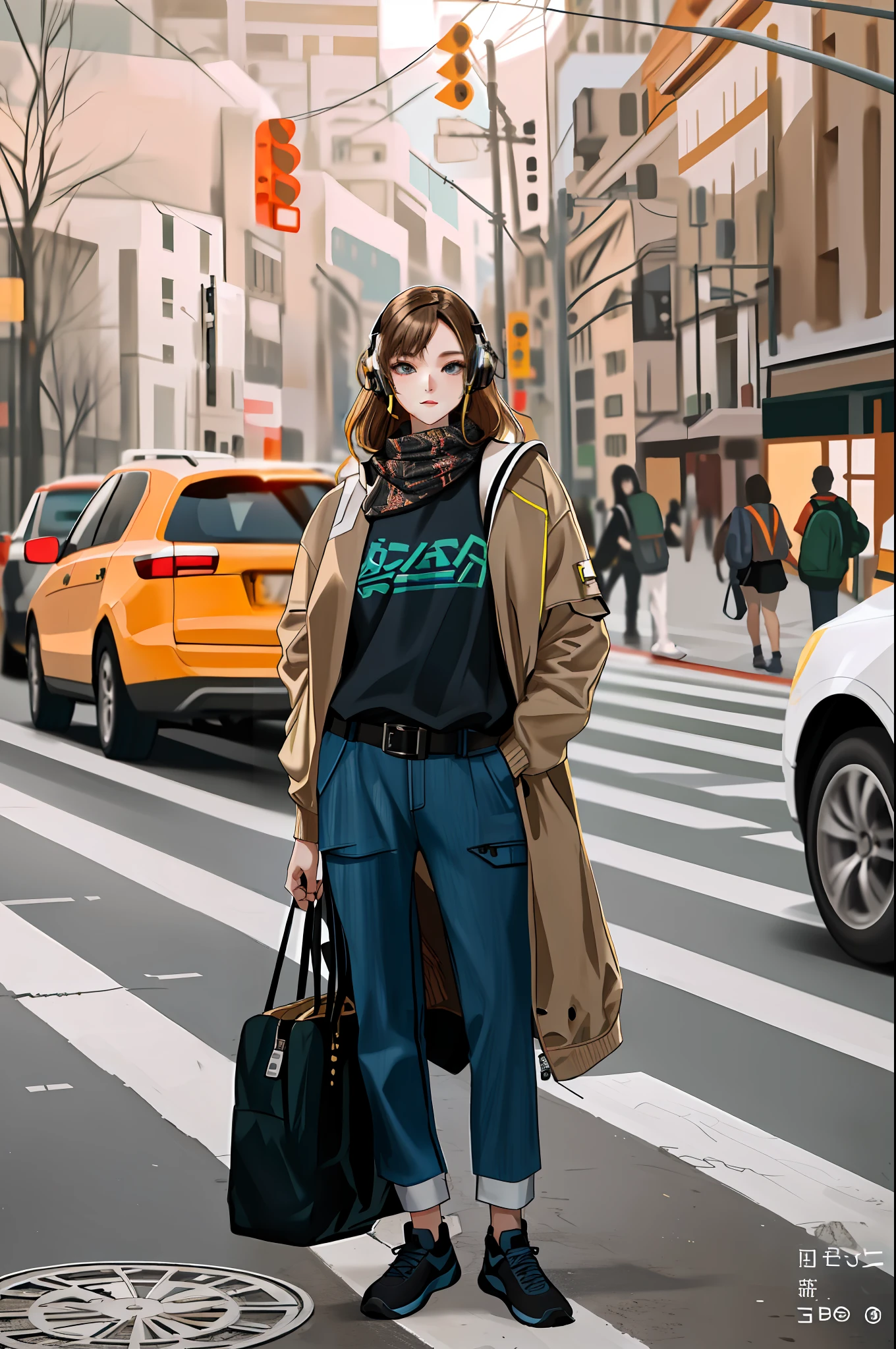 girl, vertical painting, natural light, global light, front view, fashion, pattern, clothing, headset, zipper, buttons, pattern, logo, pleats, belt, sophisticated, generate more details, tan hair, tank top, t-shirt, black shorts, sneakers, black backpack, modern, anime style, anime, modern, futuristic, first-person perspective, panorama, concept art, uhd, masterpiece, ccurate, textured skin, super detail, high detail, high quality, best quality, high resolution, No background, white background