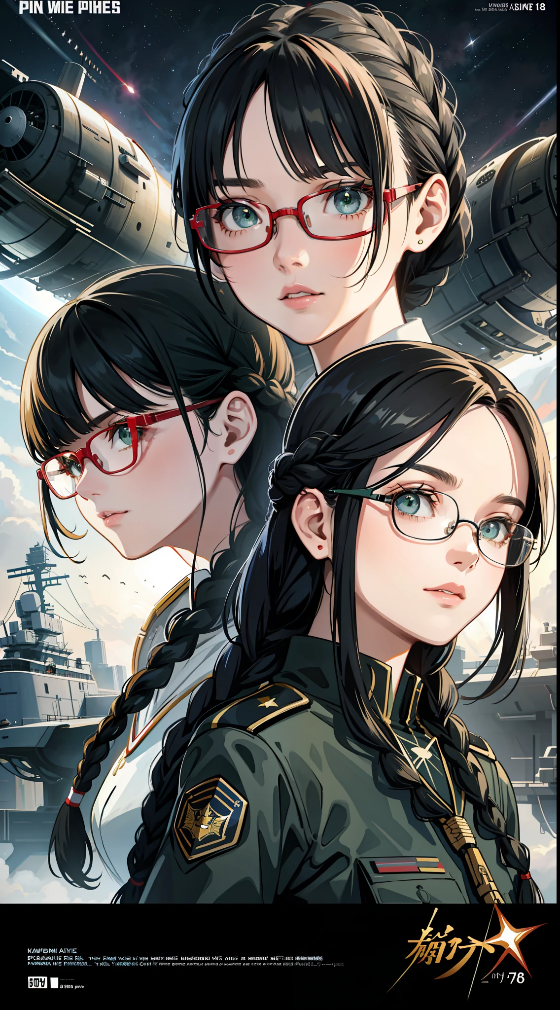Movie Poster,((Braid Hairstyle : 1.5)),Anime Reference 86 ,Science Fiction,Sci-Fi,Movies,War Action Movies,Space,Atmosphere,Sky,Battleship,Multiple Characters,Women,Adults,Green Eyes,Black Hair,(Pia bangs hairstyle) : 1.8 ),(Red Glasses),Still Eyes,General Uniform,White Commander Uniform,Realistic Face Details,Realism,3D Face,