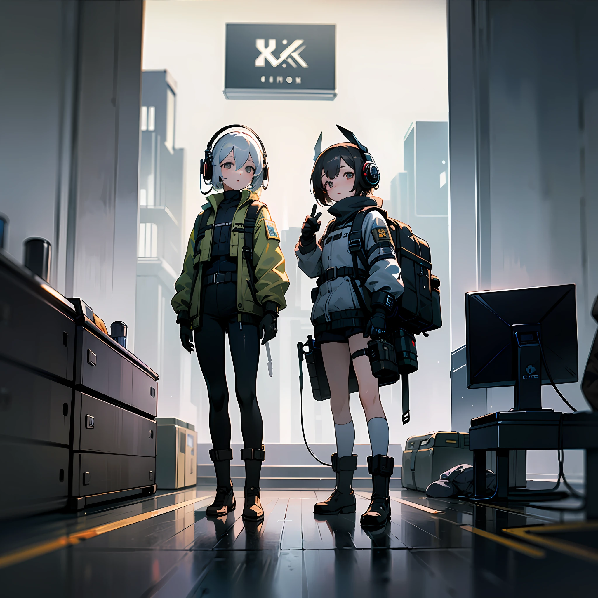 ((high quality)), ((masterpiece)), 8k, 2girls, bulletproof vest, light rays, extremely detailed CG unity 8k wallpaper, game cg, looking at viewer, gloves, boots, full body, watch, computer, mask, drone, holding weapon, headphones, jacket, bag, backpack,
