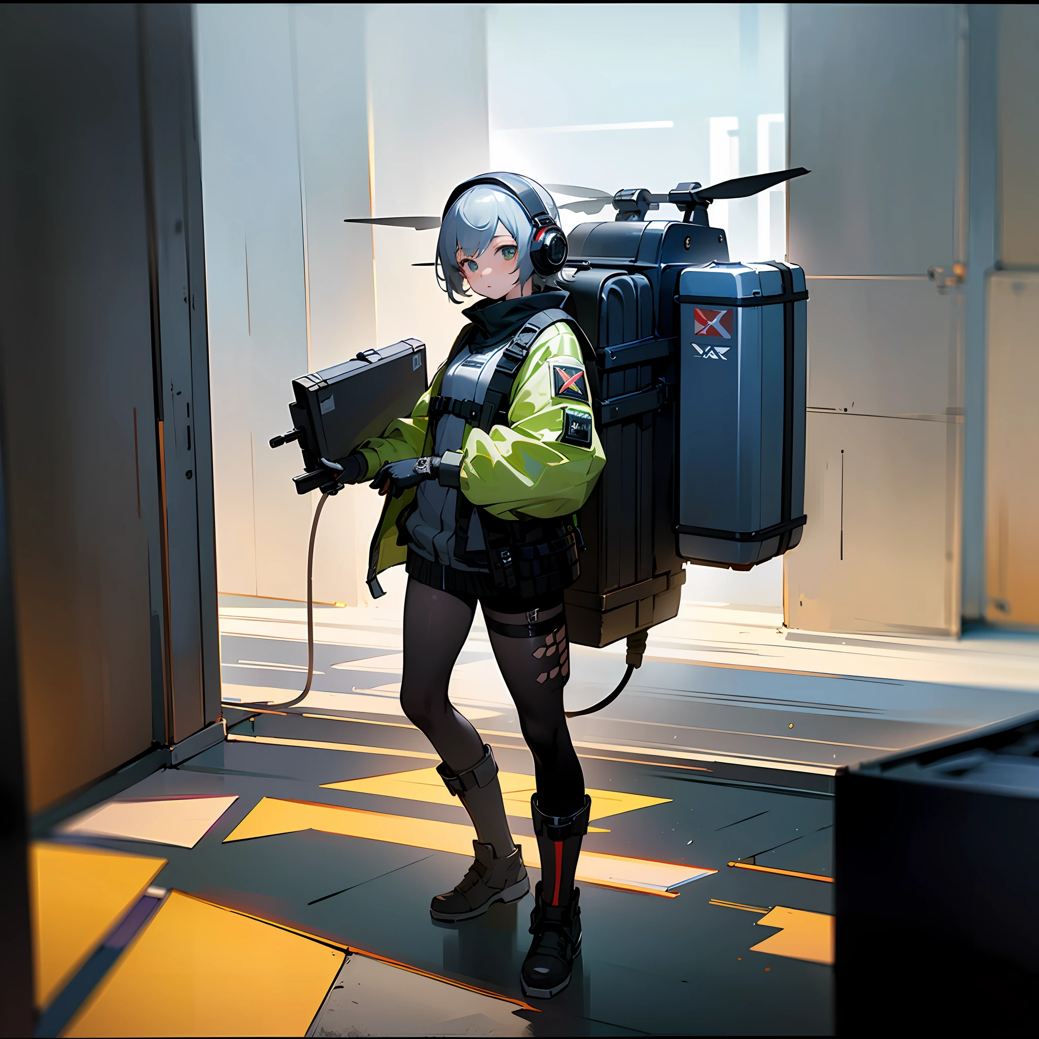 ((high quality)), ((masterpiece)), 8k, 2girls, bulletproof vest, light rays, extremely detailed CG unity 8k wallpaper, game cg, looking at viewer, gloves, boots, full body, watch, computer, mask, drone, holding weapon, headphones, jacket, bag, backpack,