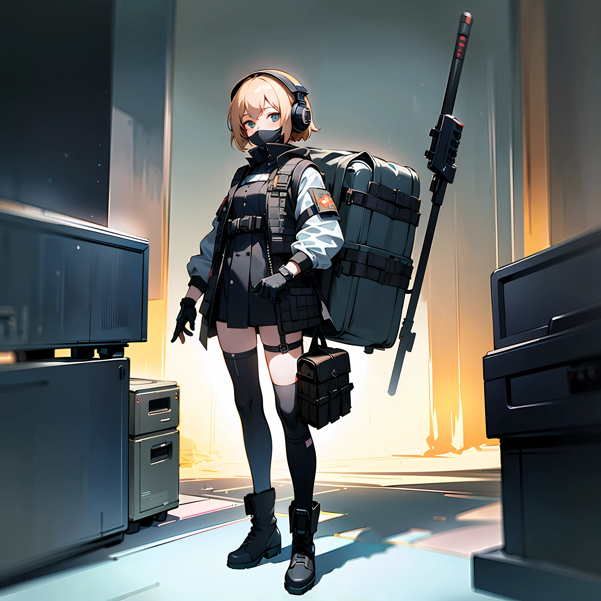 ((high quality)), ((masterpiece)), 8k, 2girls, bulletproof vest, light rays, extremely detailed CG unity 8k wallpaper, game cg, looking at viewer, gloves, boots, full body, watch, computer, mask, drone, holding weapon, headphones, jacket, bag, backpack,