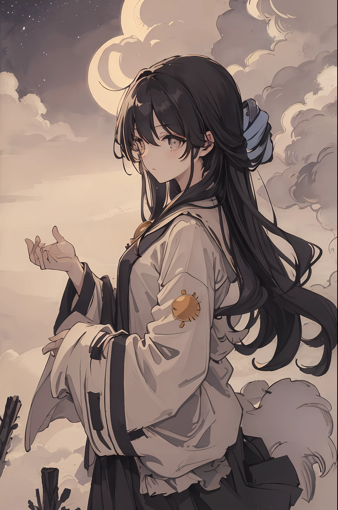 masterpiece, top quality, night, hill, clouds, full moon, long hair, woman, silhouette, firefly.