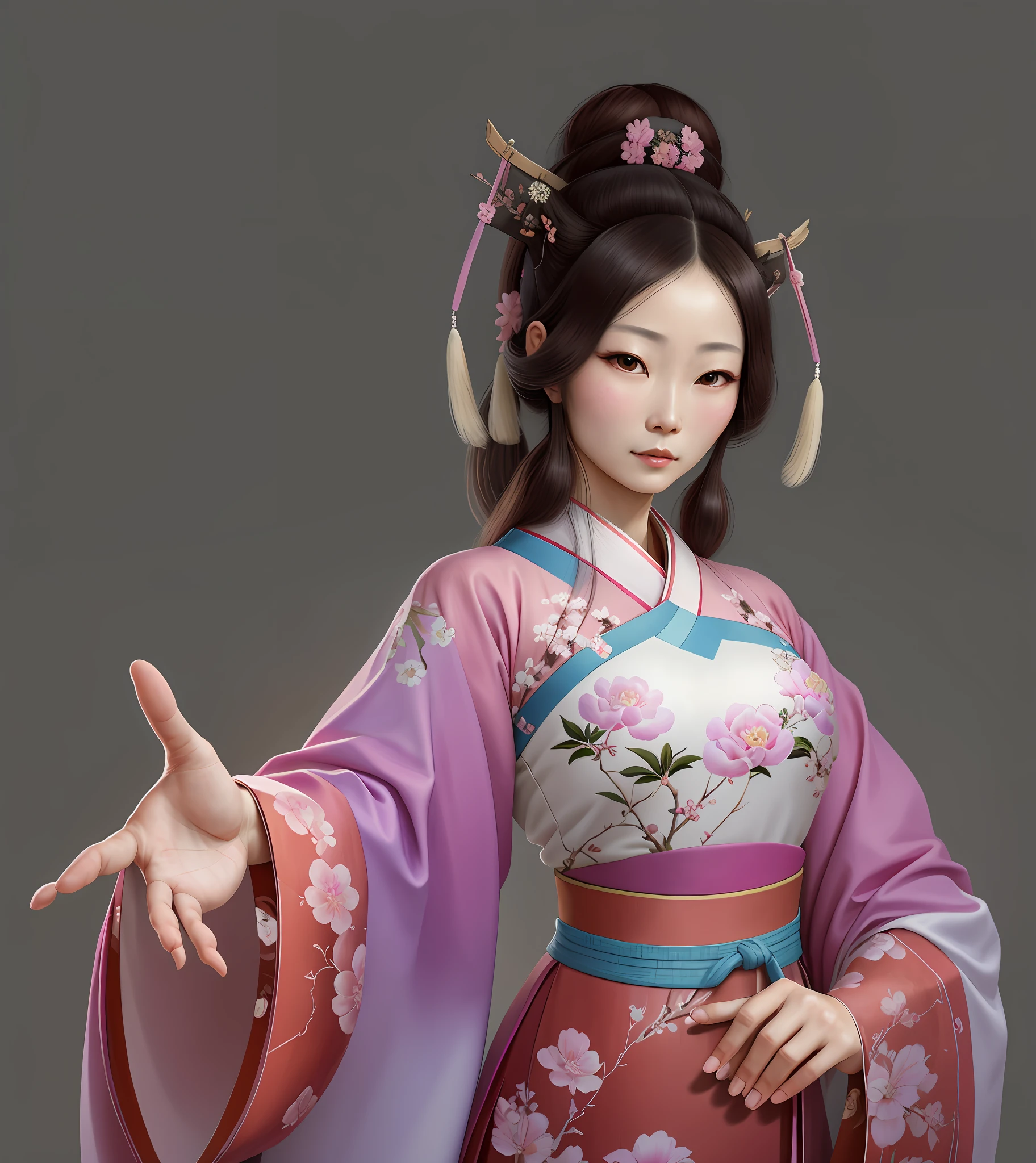 Wearing pink and white Hanfu, ancient beauty, inspired by mink cicadas, Three Kingdoms era, women, beautiful women, long hair, buns, the work is created using realistic oil painting techniques, Asian women, the artist adopts the style of Leonardo da Vinci, skillfully captures every detail, hand-painted, eyes looking at the lens, light and shadow