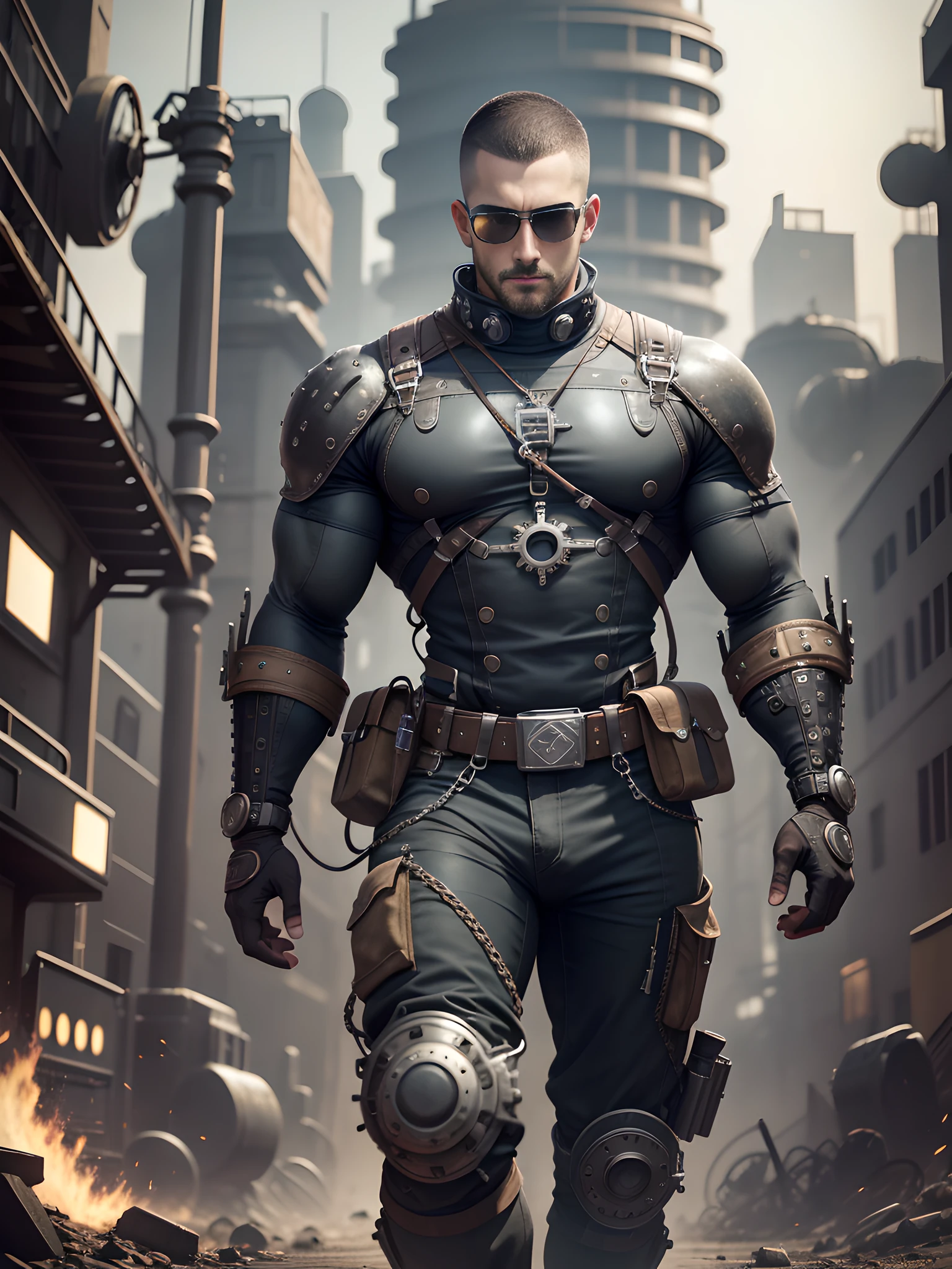 Male in the Heath, tall burly, dark black tights, big muscles, big bumps, Buzz cut, black sunglasses, black military boots, buzz cut, steampunk style, steampunk art, complex mechanical devices such as gears, pipes, valves, (huge industrial building: 1.4), gray theme, retro futurism, crazy details, (Fujiflim XT3), 20 megapixels, detailed, cinematic particles,