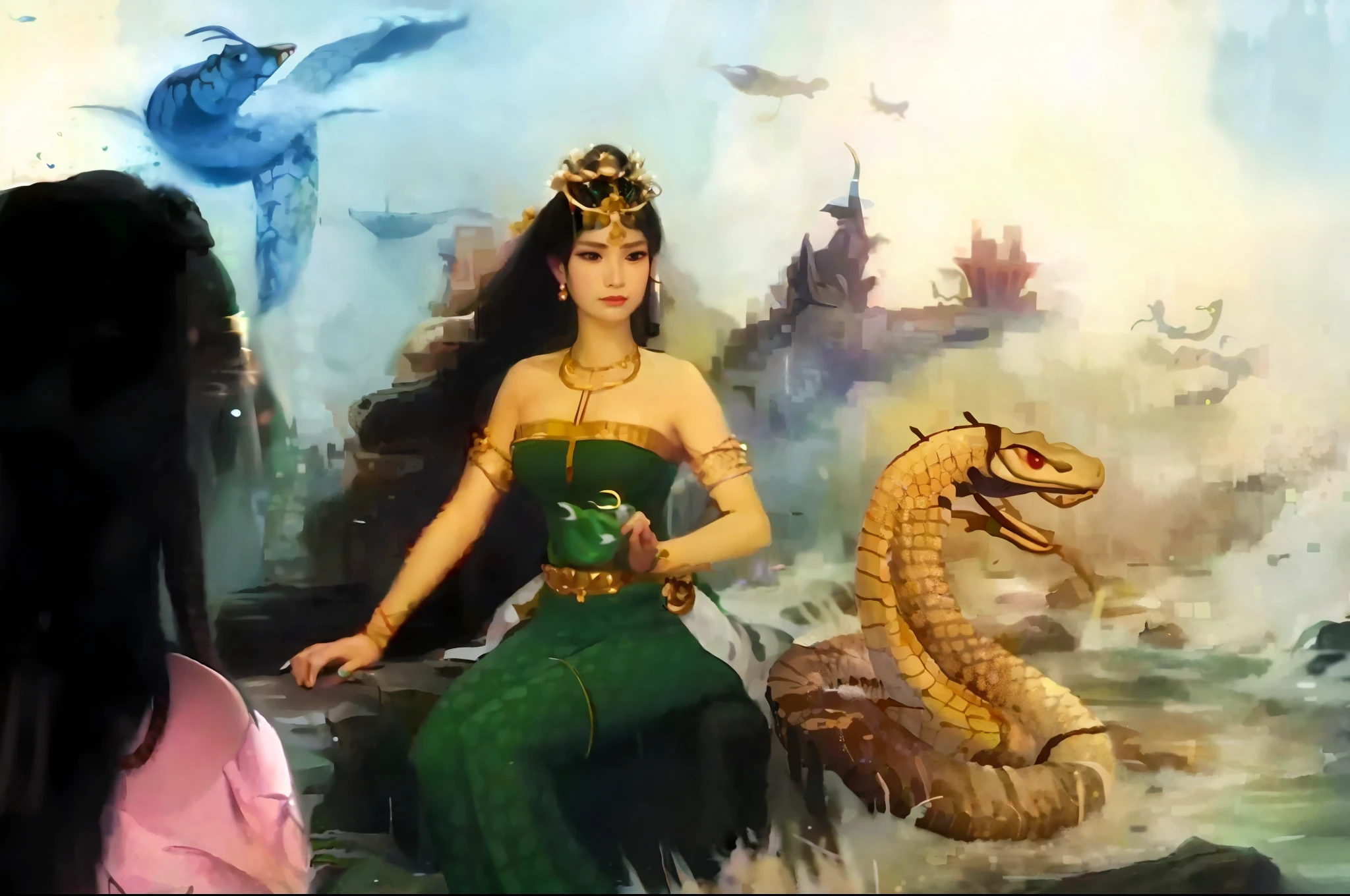 painting of a woman in a green dress sitting on a rock with a snake, queen of the sea mu yanling, portrait of a scorpion goddess, snake woman, nagas, naga-hakash, inspired by Raja Ravi Varma, female goddess, queen of snakes, guanyin of the southern seas, female lord of change, lamia, earth goddess mythology