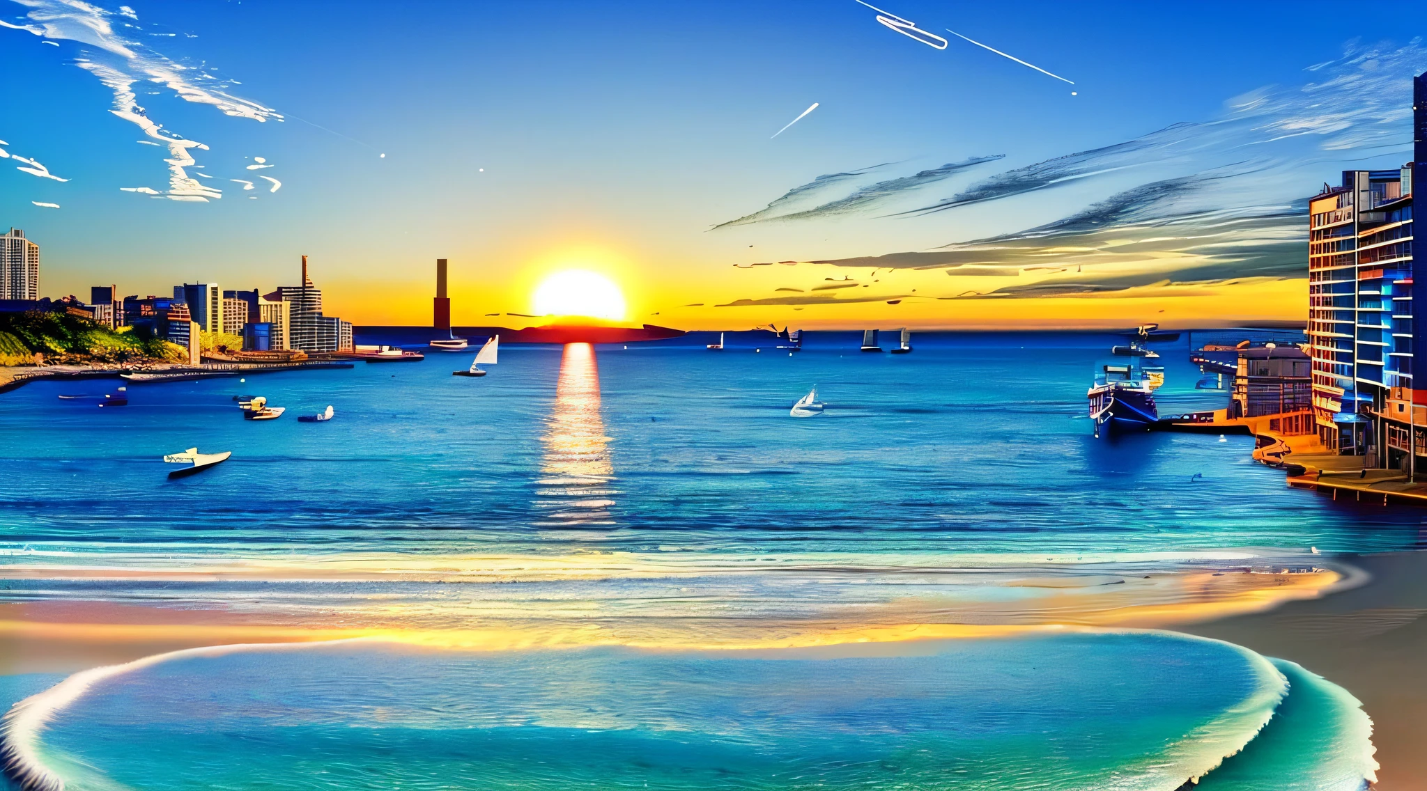 Scenery , City , Beach , Summer , a Boat, Sky , Day , shooting stars in the sky , Sun , Breeze