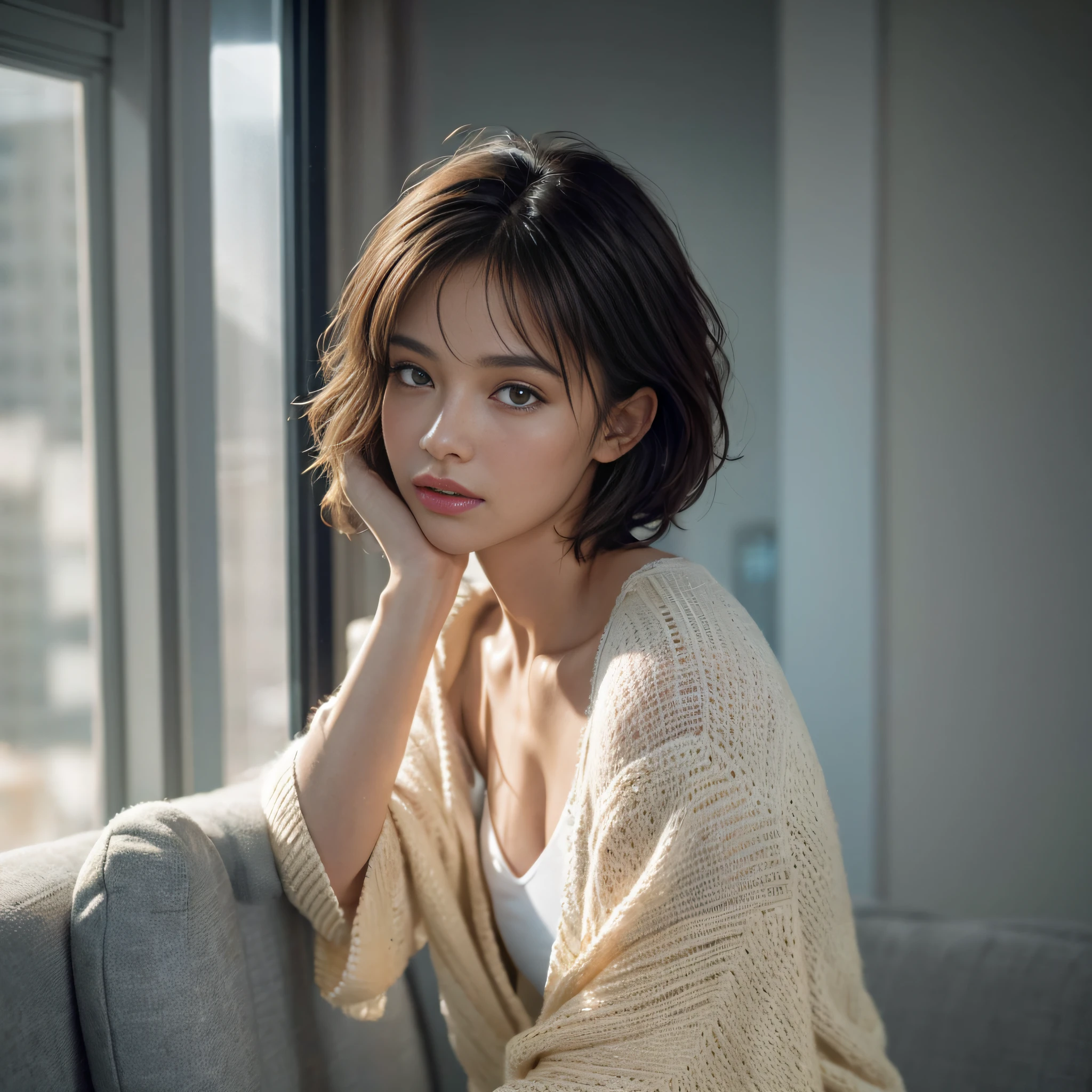 a stunning photograph of beautiful woman,Color film photograph,FilmG,8k,raw photo,(film grain:1),(floating dust particle:1.2),award winning photo,24mm,on focus,spotlight,rim light,in the dark,dimly lit,low key,deep shadow,looking at viewer,(highly detailed skin:1.8),black eyes,petite athletic body,half shave haircut,white dress,pink cardigan,