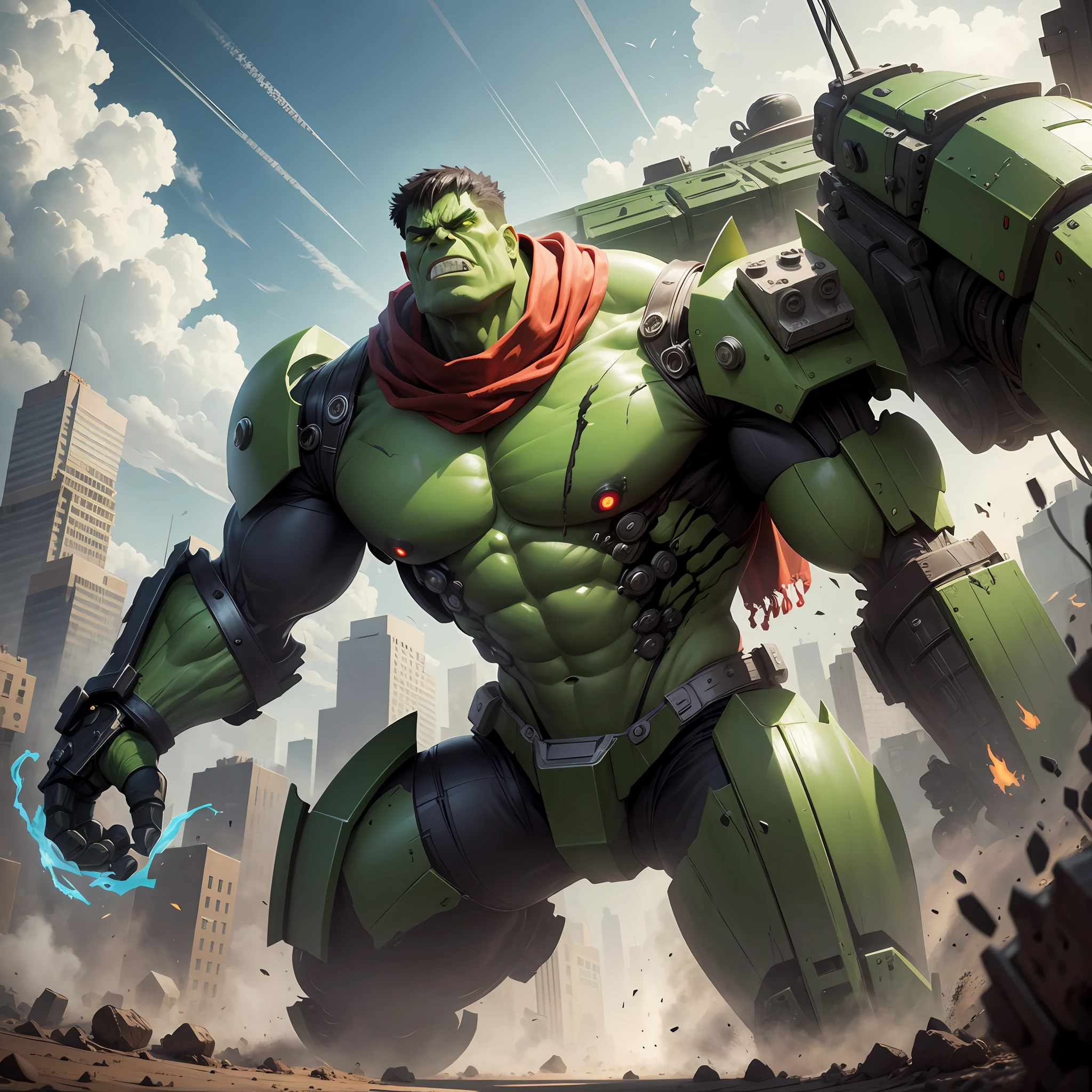 Hulk's head, body of death, robotic arm, legs of tank tracks, with red scarf, surreal picture quality, HD quality --auto --s2