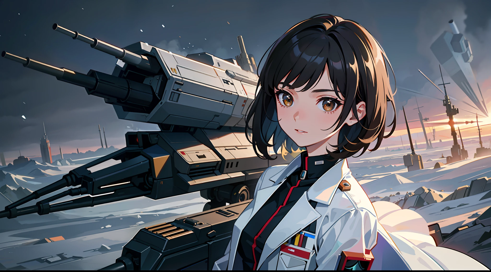 Science Fiction,Sci-Fi Movies,Artillery,Long-Range Missiles,Based on the Movie Foundation ,Woman,Adult,Protagonist,28 years old,hopeful face,brown eyes,short hairstyle,black hair with white gray,scientist uniform,white researcher coat,open meadow,rebel,chaotic,future world,world of socialism,snow,chaos