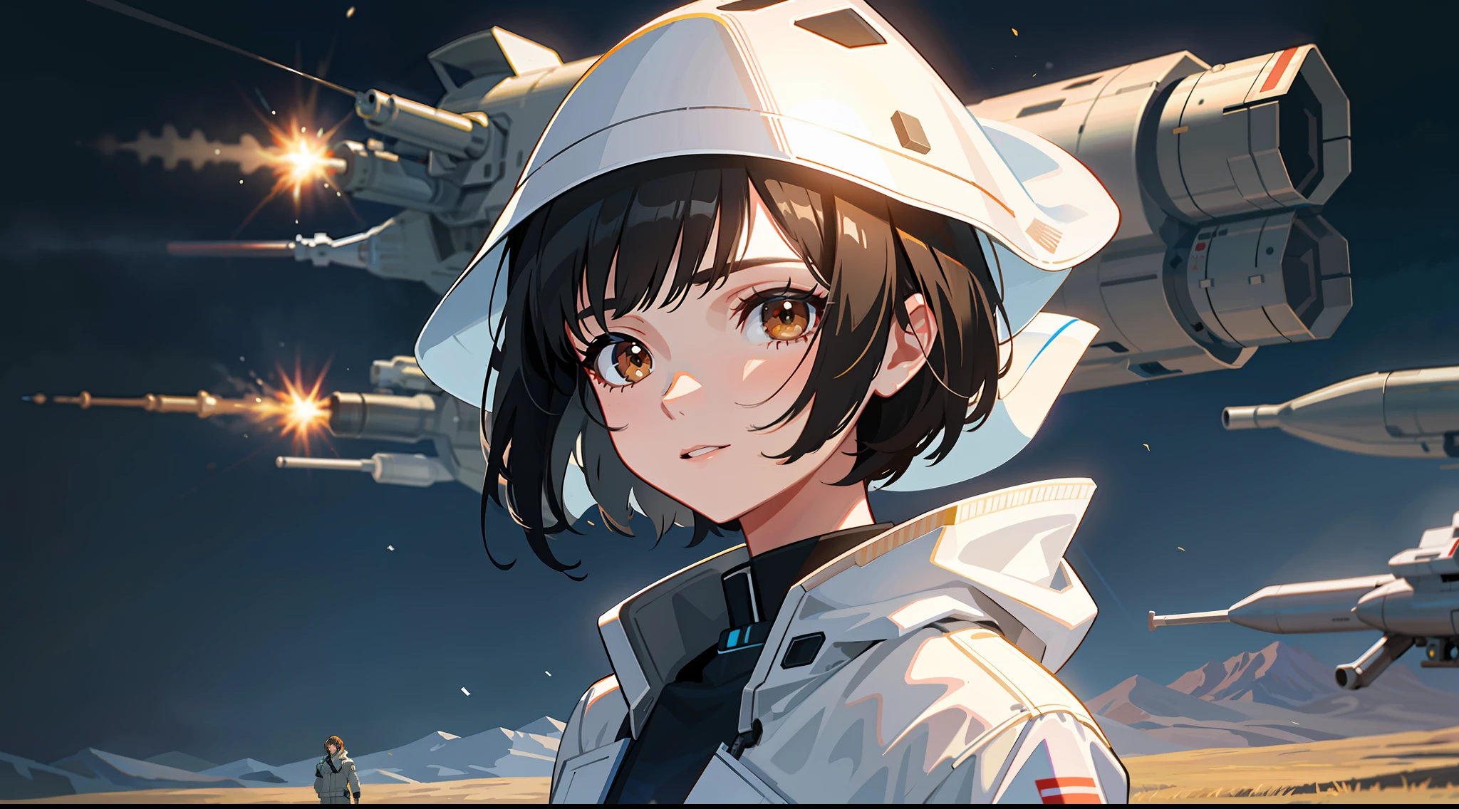 Science Fiction,Sci-Fi Movies,Artillery,Long-Range Missiles,Based on the Movie Foundation ,Woman,Adult,Protagonist,28 years old,hopeful face,brown eyes,short hairstyle,black hair with white gray,scientist uniform,white researcher coat,open meadow,rebel,chaotic,future world,world of socialism,snow,chaos
