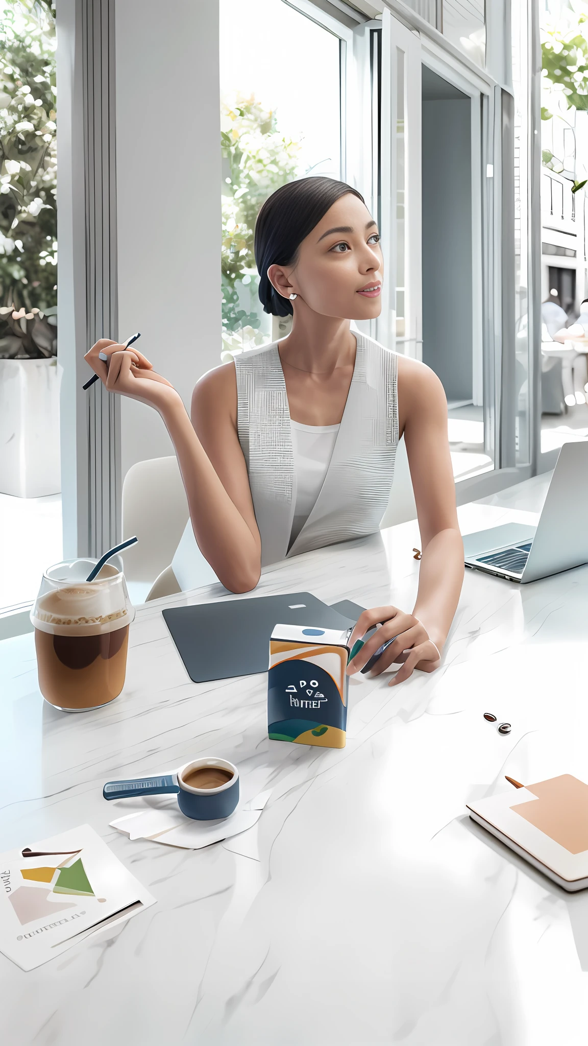 There was a woman sitting at a table with a laptop and a cup of coffee